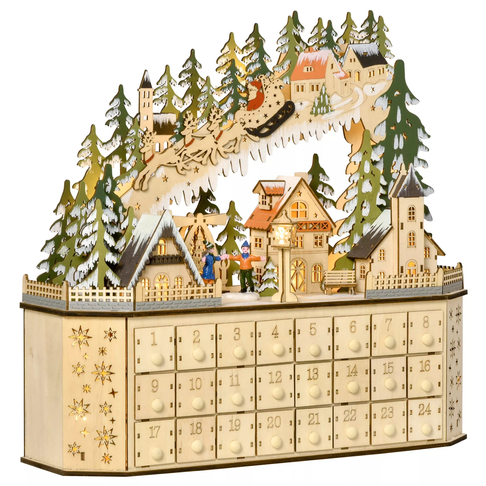 Advento kalendorius Kalėdinė puošmena, 24 stalčiukai, LED lemputės, 39 cm x 9 cm x 42 cm, Balta + Žalia