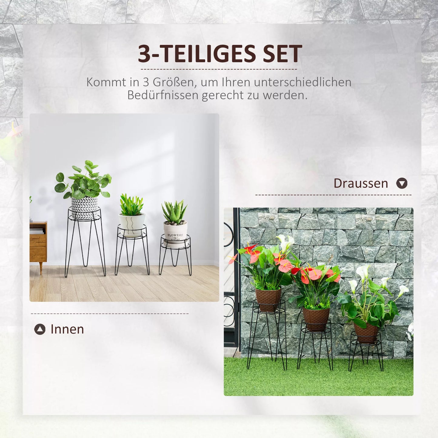 Metaliniai augalų stovai 3 vnt. komplektas, gėlių stovai, vazonų laikikliai, juodi, skirti vazonams iki Ø16 cm