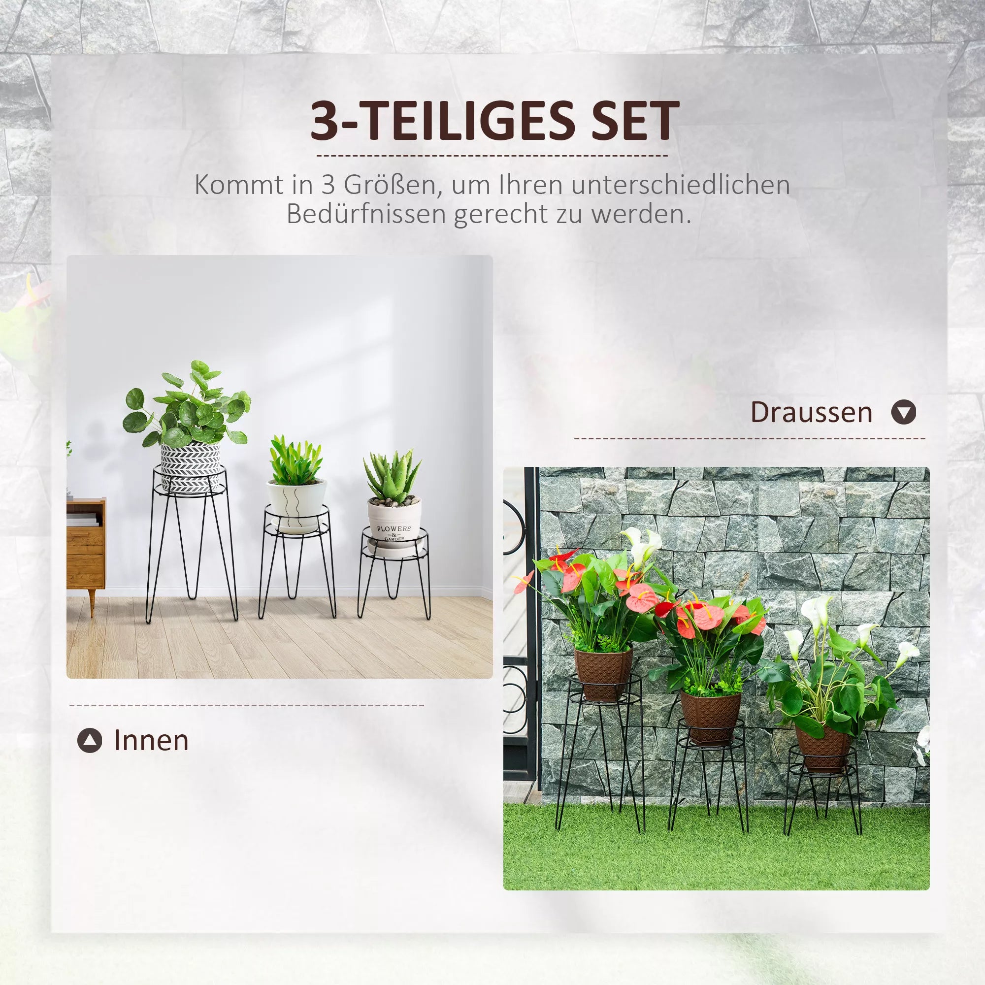 Gėlių stovas, 3 vnt. rinkinys iš metalo Augalų stovas Rinkinys Gėlių taburetė Gėlių vazonų laikiklis Augalų taburetė gėlių vazonams iki Ø16 cm Juoda