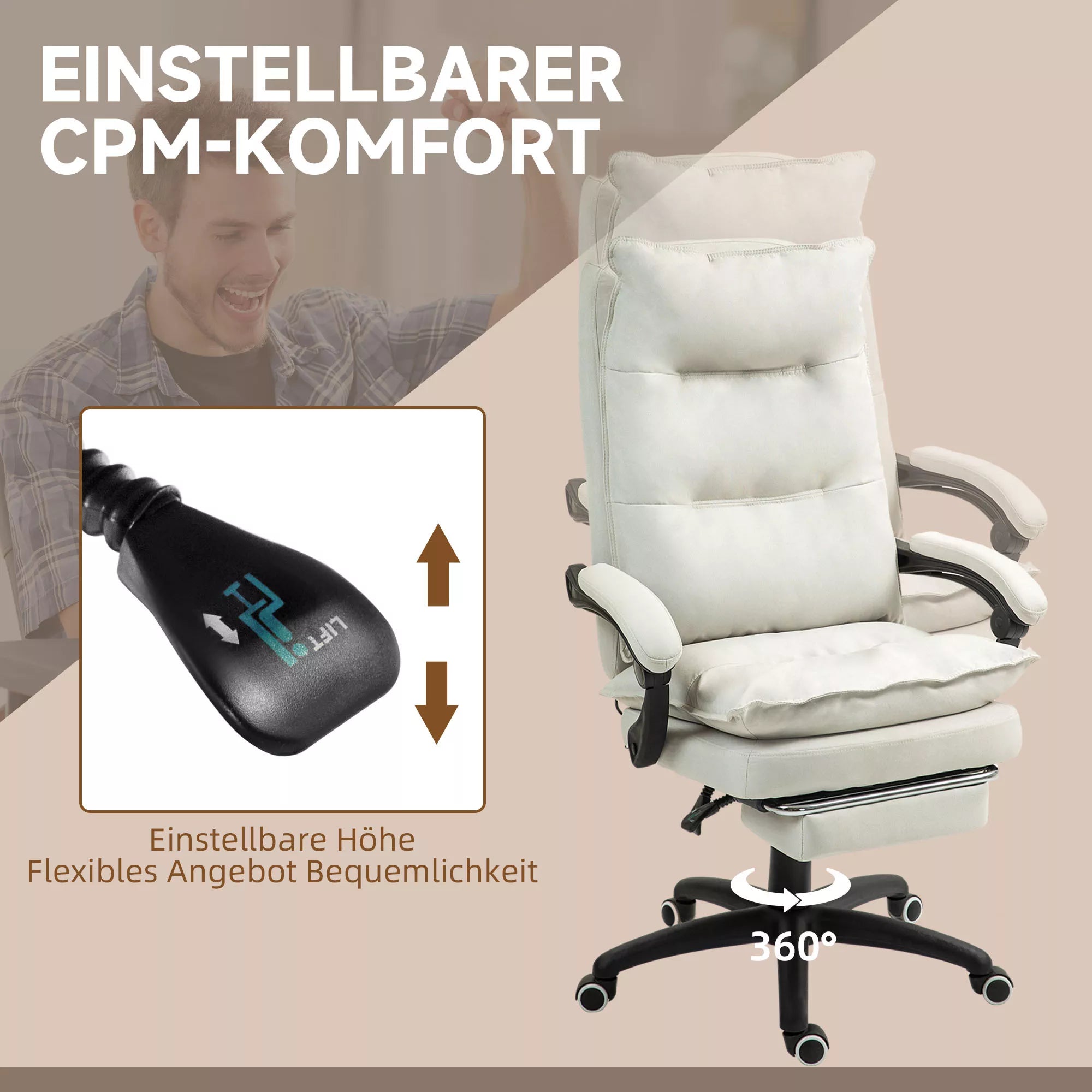 Masažinė biuro kėdė, darbo kėdė su masažo funkcija, aukščio reguliuojamas, ergonomiškas pasukamas krėslas, nailonas, kreminės baltos spalvos