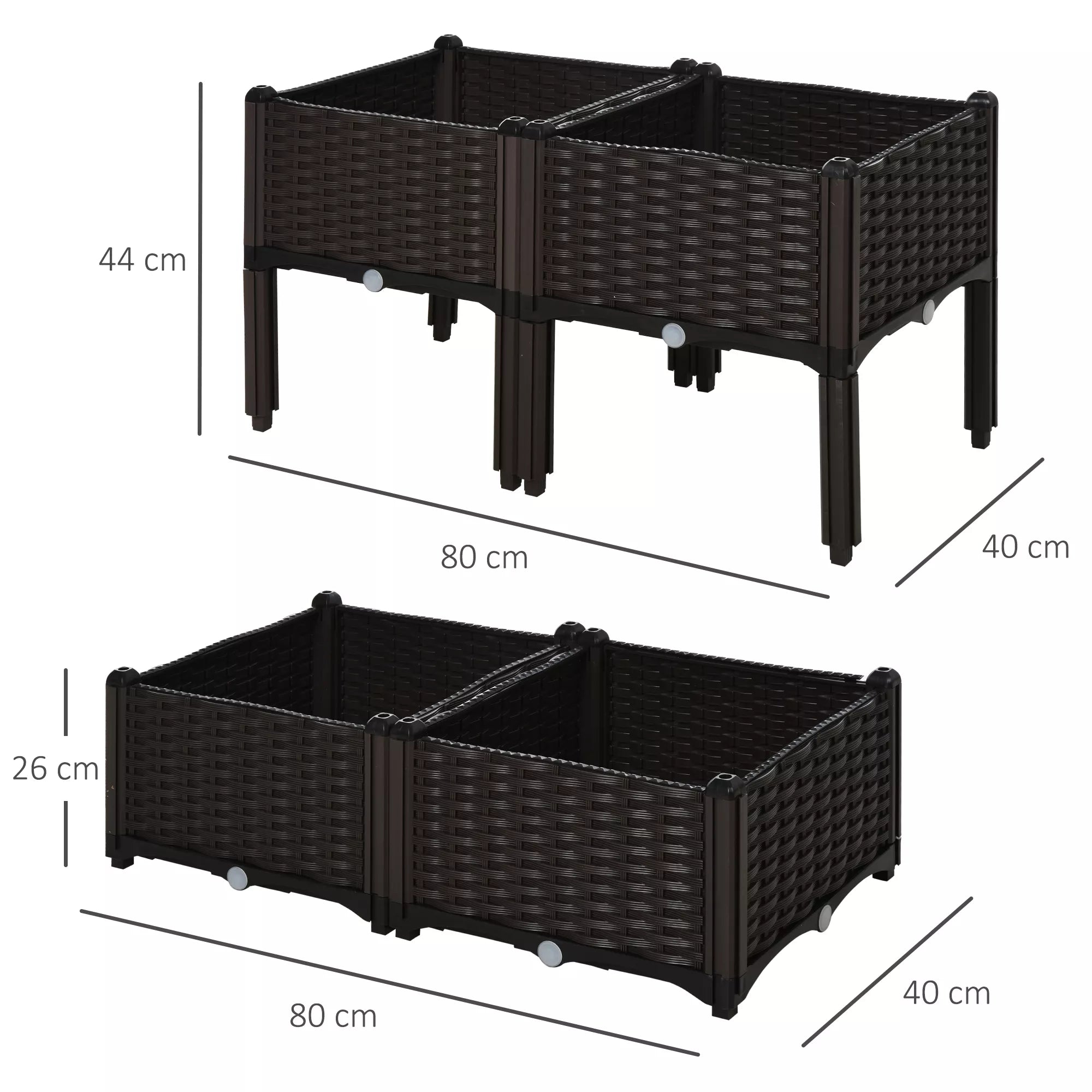 Schema su vazono matmenimis: 80 × 40 cm, aukštis 44 cm ir 26 cm