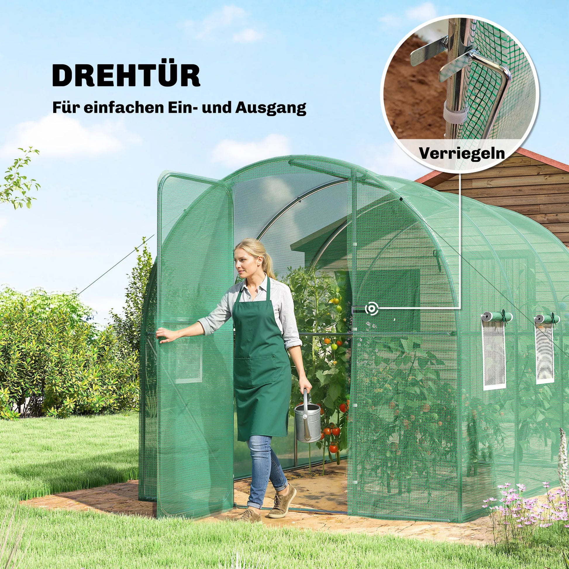 Arkinis šiltnamis su rakinamomis varstomomis durelėmis ir šešiais tinkliniais langais, folinis šiltnamis, pe-ratanas ir plienas, 3 x 2 x 2 m, žalia