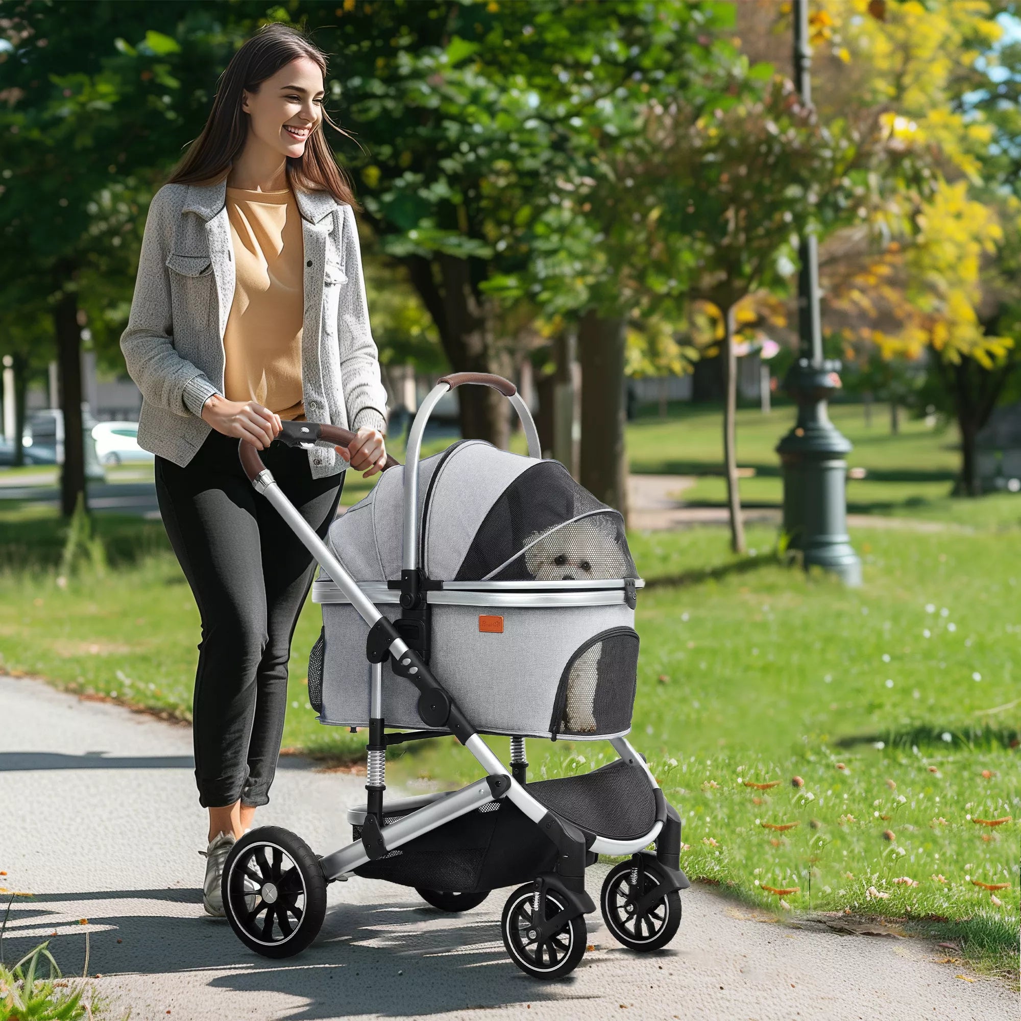 3-in-1 Šunų vežimėlis, sulankstomas katėms iki 10 kg, katelių vežimėlis su pagalvėle ir puodelio laikikliu, šviesiai pilkas