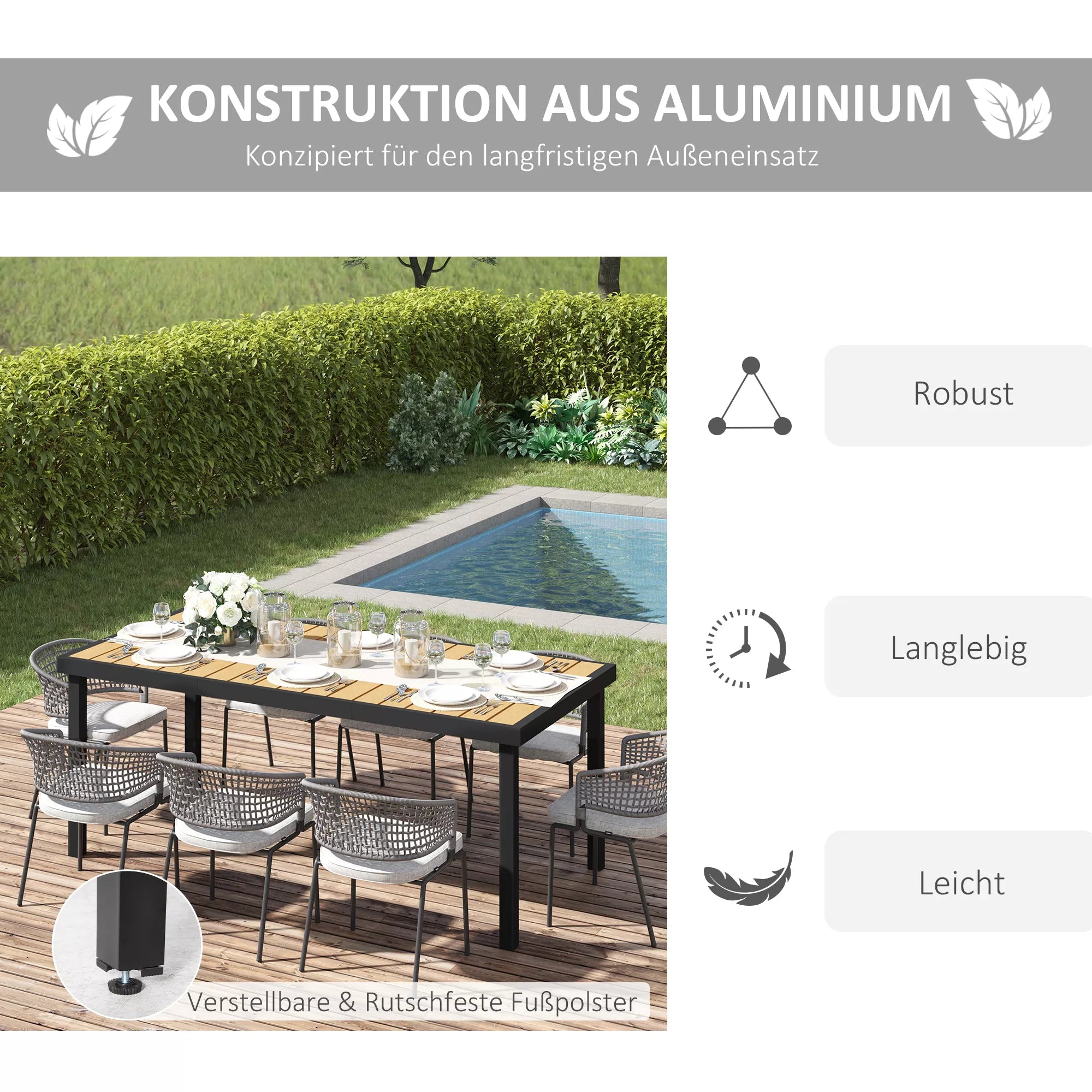 Sodo stalas 8 asmenims Valgomojo stalas Aliuminio stalas Sodo baldai Poilsio baldai Lengvai prižiūrimi Plastikas Natūralus + juodas 190 x 90 x 74 cm