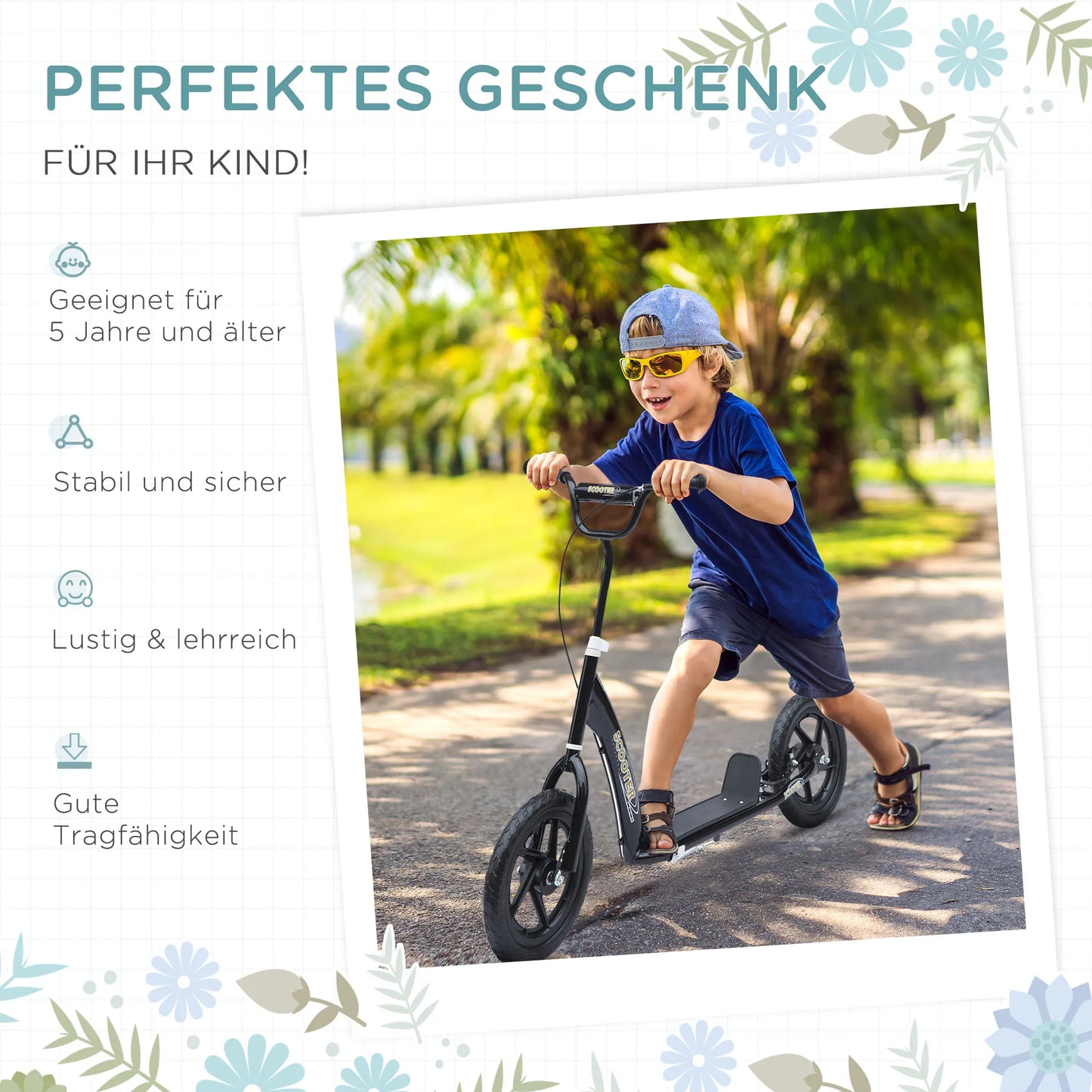 Vaikams skirtas paspirtukas su galiniu stabdžiu, 12 colių, aukščiui reguliuojamas, plienas, EVA, juodas (120 x 52 x 80-88 cm)