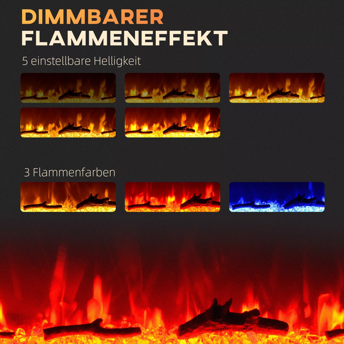 Elektrinis židinys su sieniniu laikikliu ir nuotolinio valdymo pulteliu, dirbtinės malkos ir kristalai, 1800W galia, juodos spalvos.