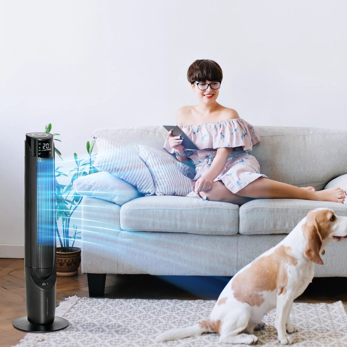 Bokštinis ventiliatorius, oro kondicionierius su 4 režimais, 3 greičiais, laikmačiu, plastikinis