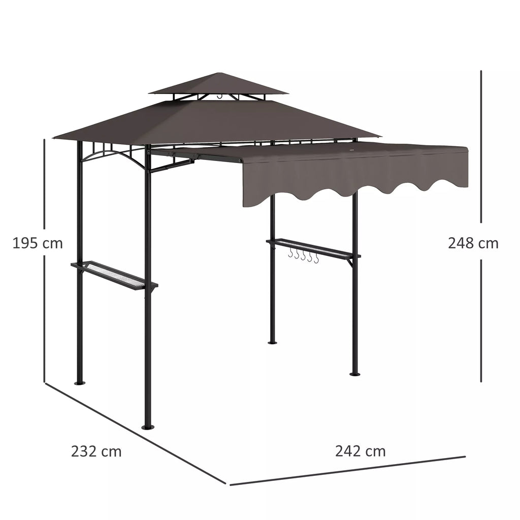 Grill paviljonas 242x149x248 cm, atsparus vandeniui, ugniai atsparus sodo paviljonas su dvigubu stogu, kavos spalvos