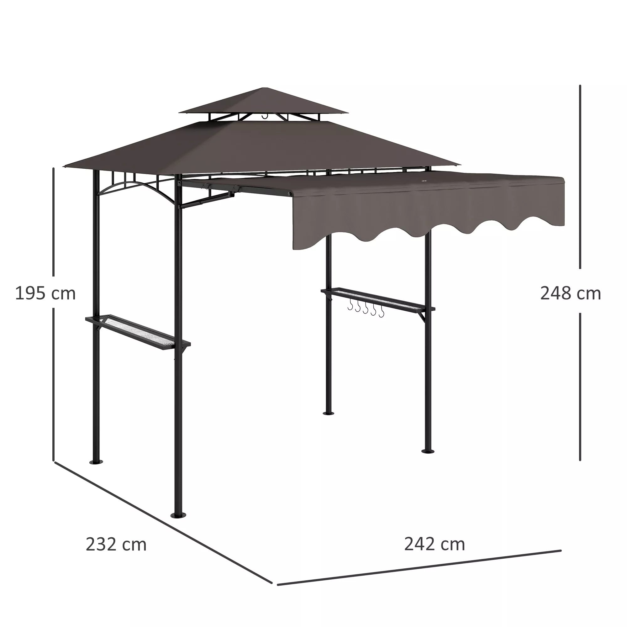 Grill paviljonas 242x149x248 cm, atsparus vandeniui, ugniai atsparus sodo paviljonas su dvigubu stogu, kavos spalvos