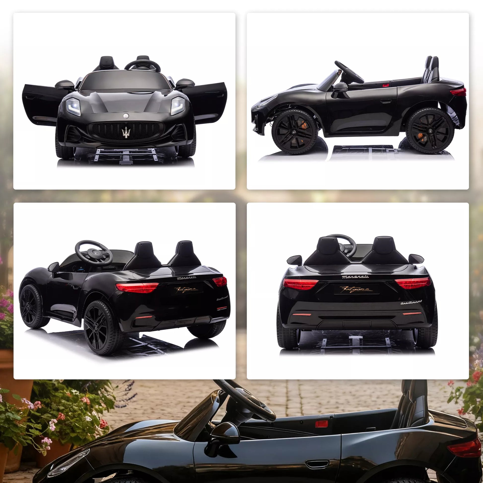 Maserati elektrinis automobilis vaikams, 2 vietų, 12V akumuliatorius, nuotolinio valdymo pultas, LED žibintai, muzikos funkcija, juodas