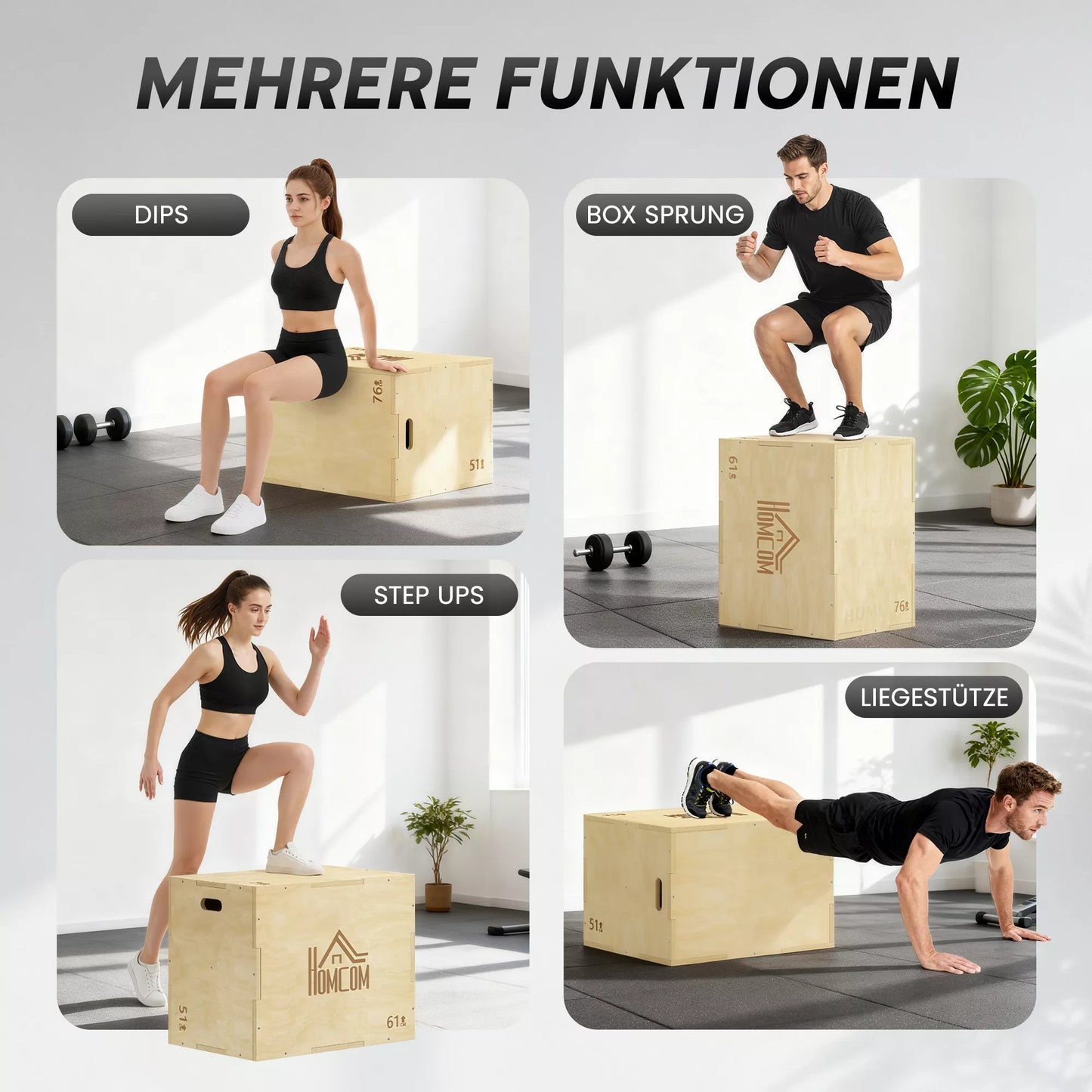 3-in-1 Plyo Box medinė pliometrinė šokimo dėžė su 3 šokimo aukščiais rankenomis 61 x 51 x 76 cm natūralaus medžio