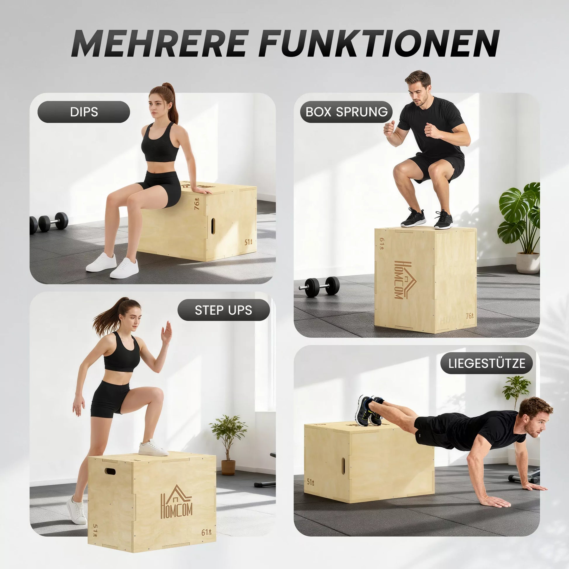 3-in-1 Plyo Box medinė pliometrinė šokimo dėžė su 3 šokimo aukščiais rankenomis 61 x 51 x 76 cm natūralaus medžio