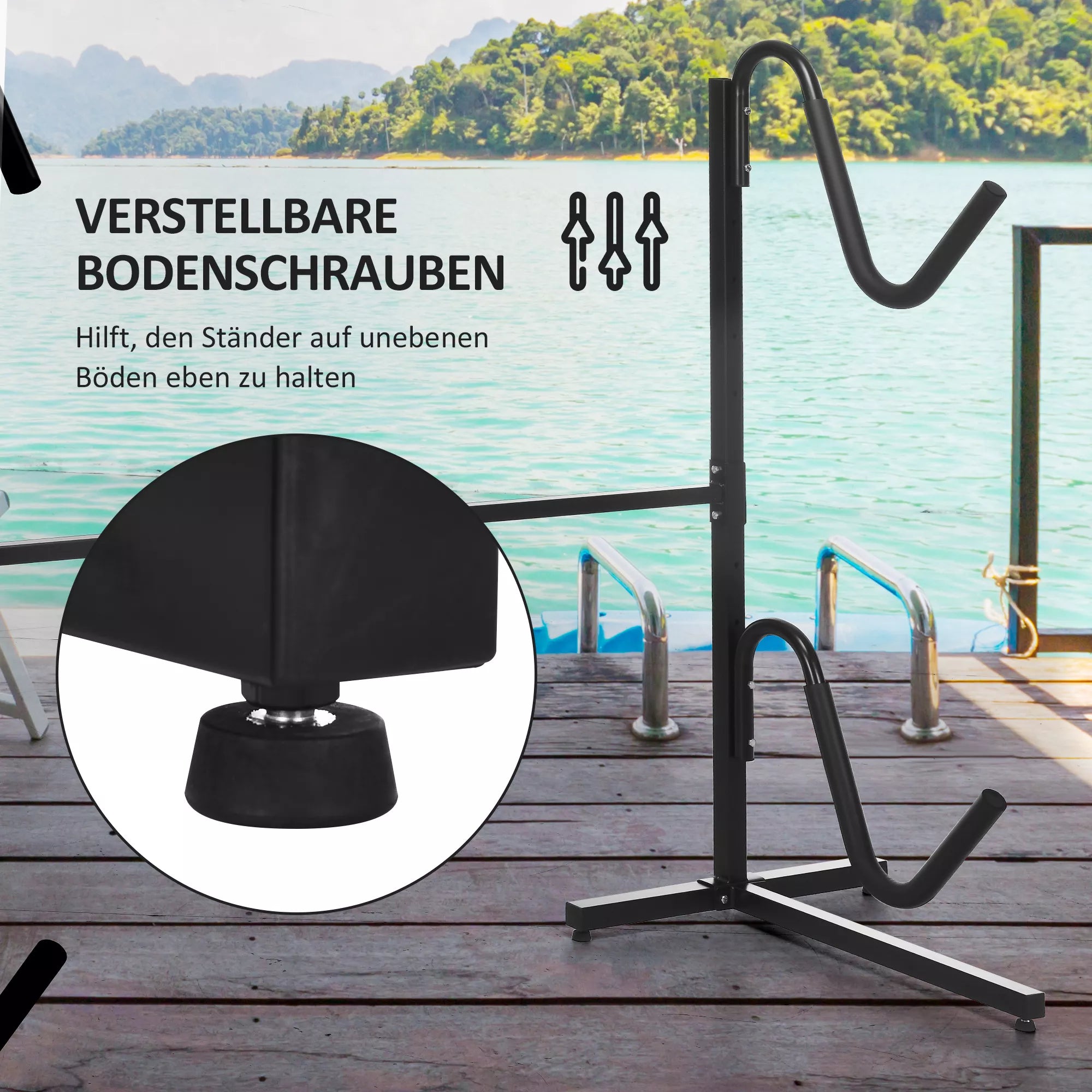Laikiklis 2 baidarėms, banglentėms, stovinčioms irklentėms, metalinis rėmas, reguliuojamas plotis 144–180 cm
