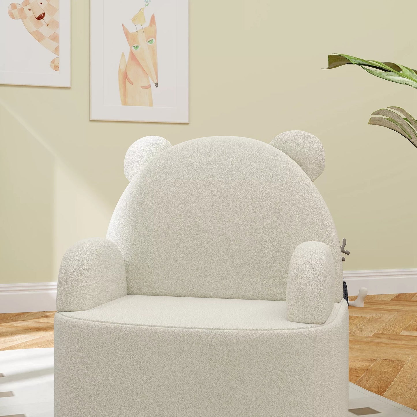 Vaikiška kėdutė, meškiuko formos, minkštas teddy flisas, iki 3 metų, 52x48x59 cm, smėlio spalvos