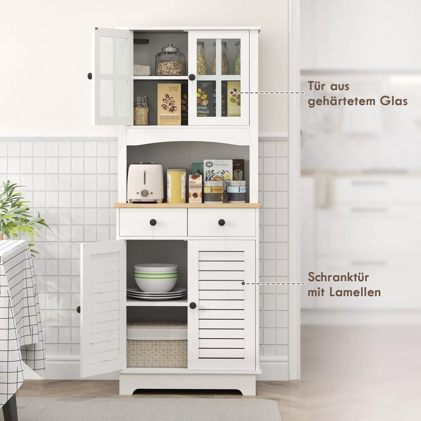 Virtuvės spintelė su stiklinėmis durelėmis, 2 stalčiai, indų spintelė, valgomojo spintelė, medinė, 68 x 39,5 x 170 cm, balta