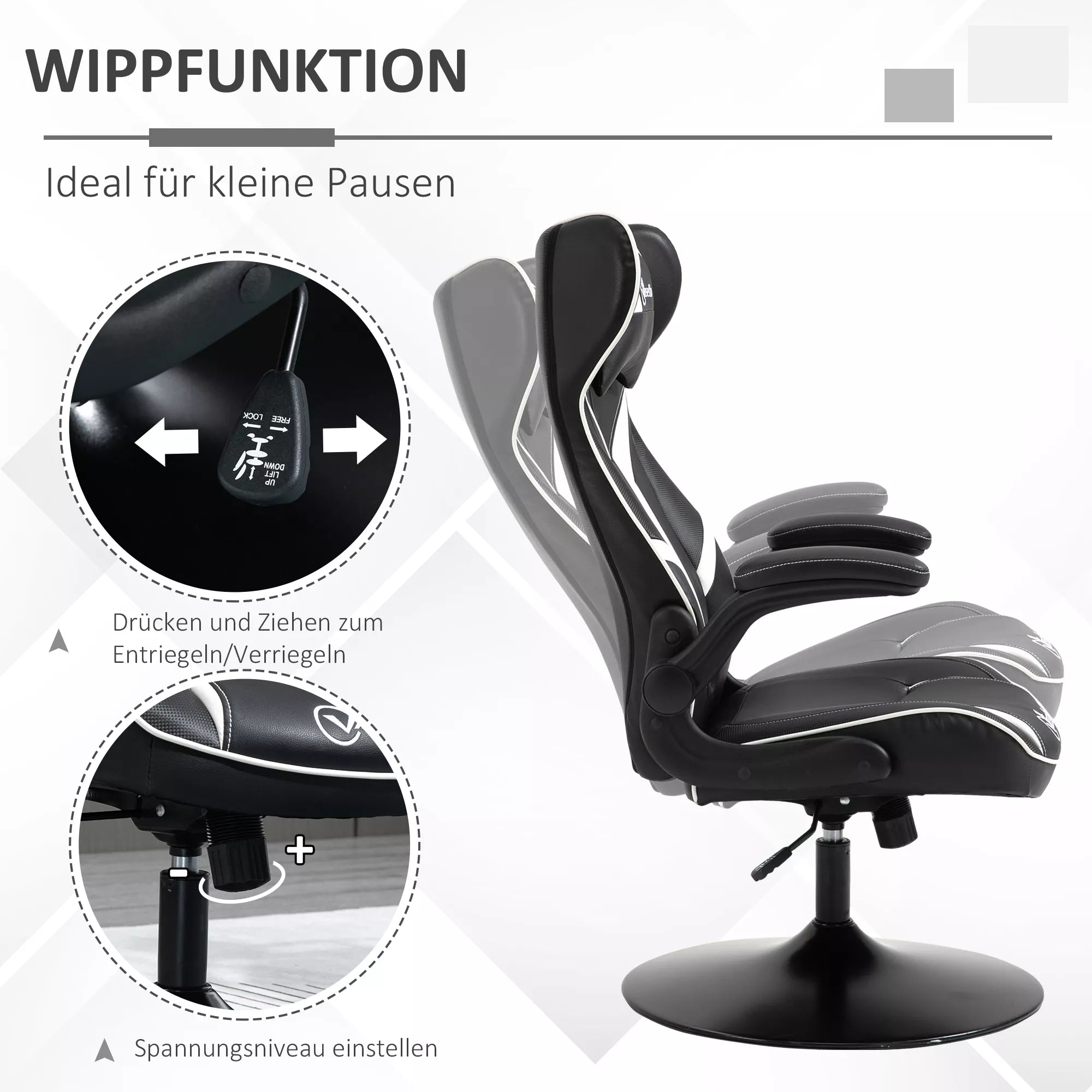Žaidimų kėdė Ergonomiška žaidimų kėdė su galvos atrama ir reguliuojamu aukščiu Žaidimų kėdė Biuro kėdė su sūpynės funkcija Juoda + balta