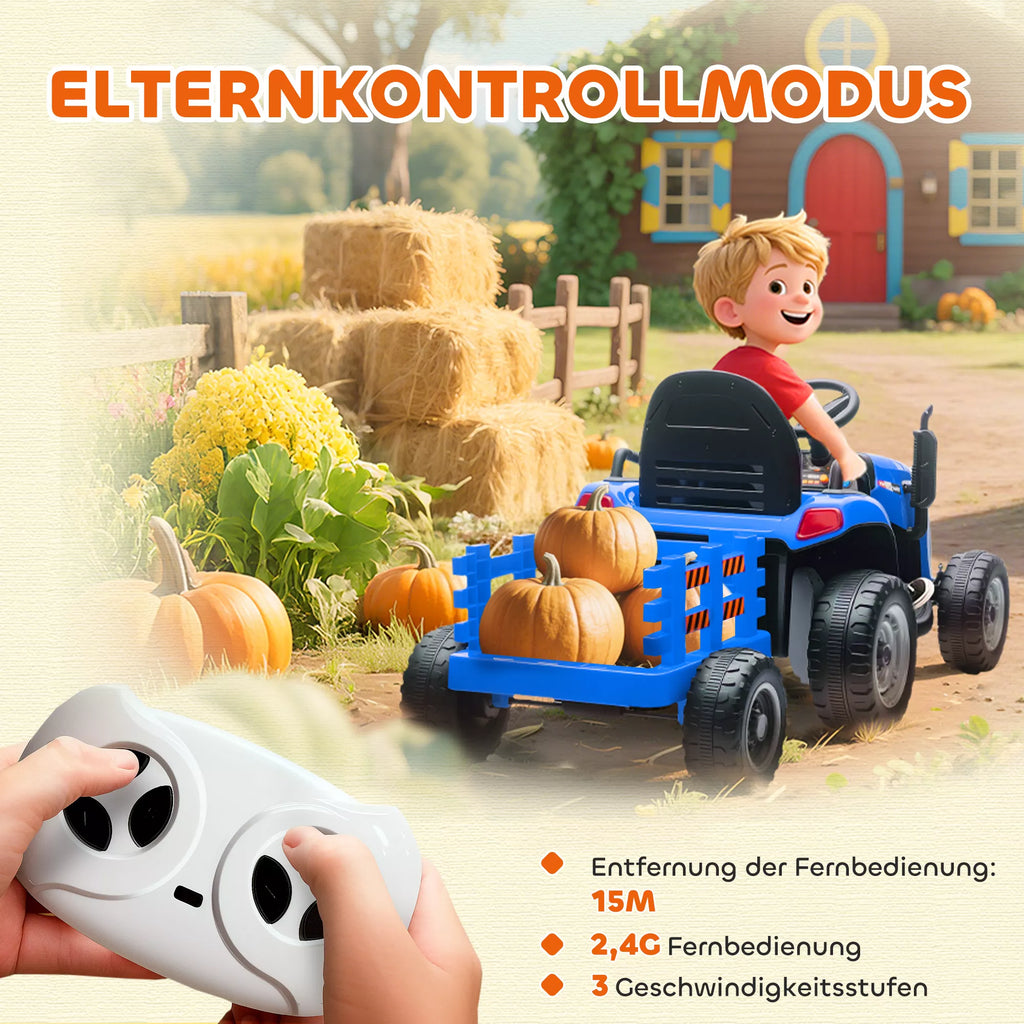 Elektrinis traktorius su priekaba vaikams 3-8 metų, mėlynas