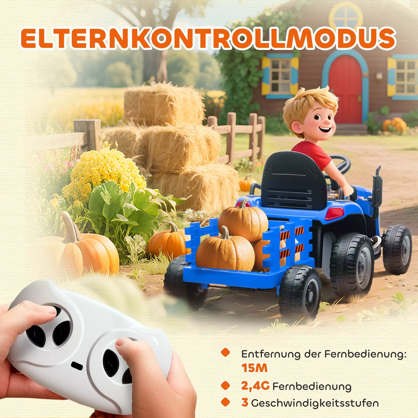 Elektrinis vaikiškas traktorius, važiavimo traktorius su nuotolinio valdymo pulteliu, švelnus startas, vaikams nuo 3-8 metų, mėlynas