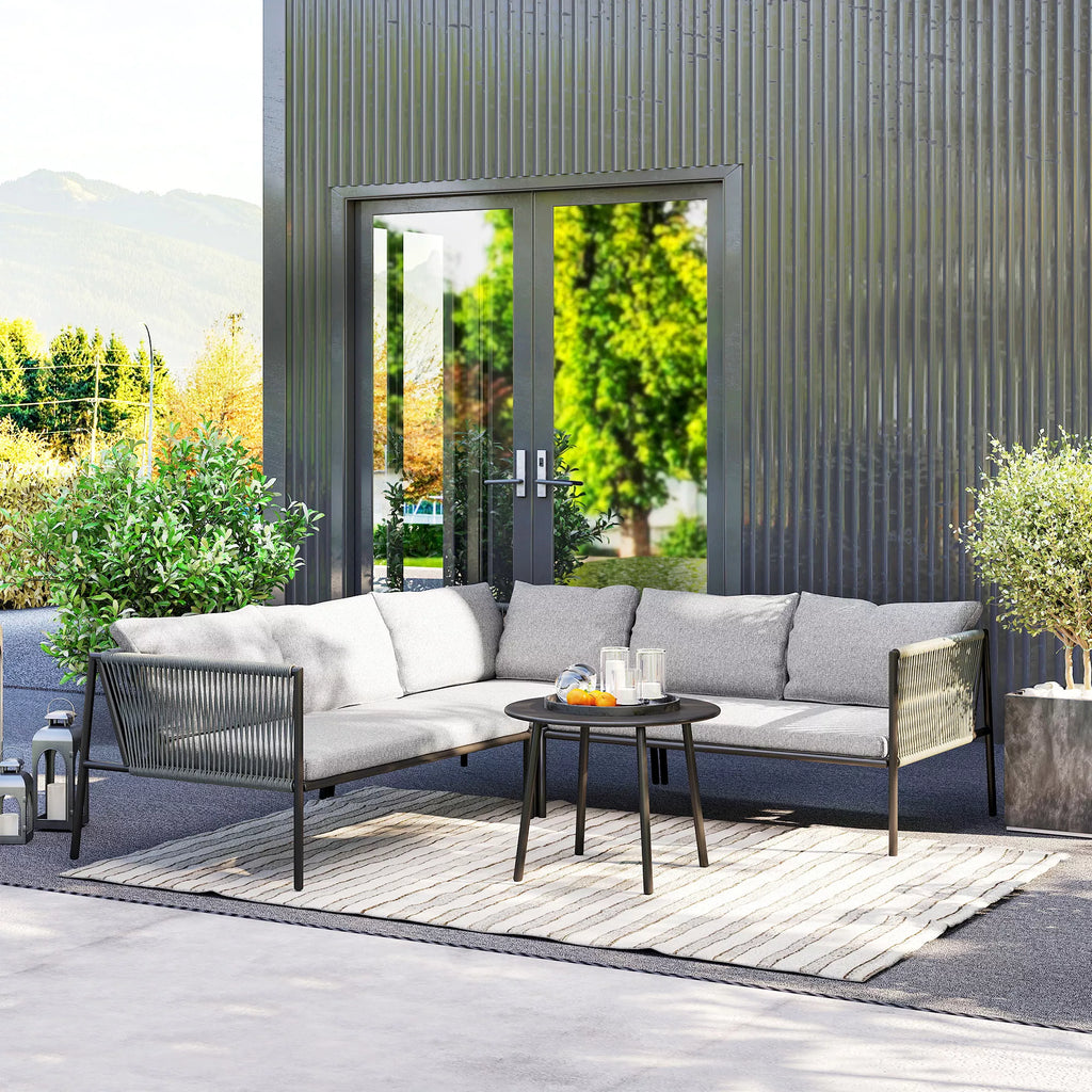 Sodo baldų komplektas Polyrattan Lounge komplektas su kampiniu sofos stalu pagalvėlėmis 6 asmenims Tamsiai pilkos spalvos