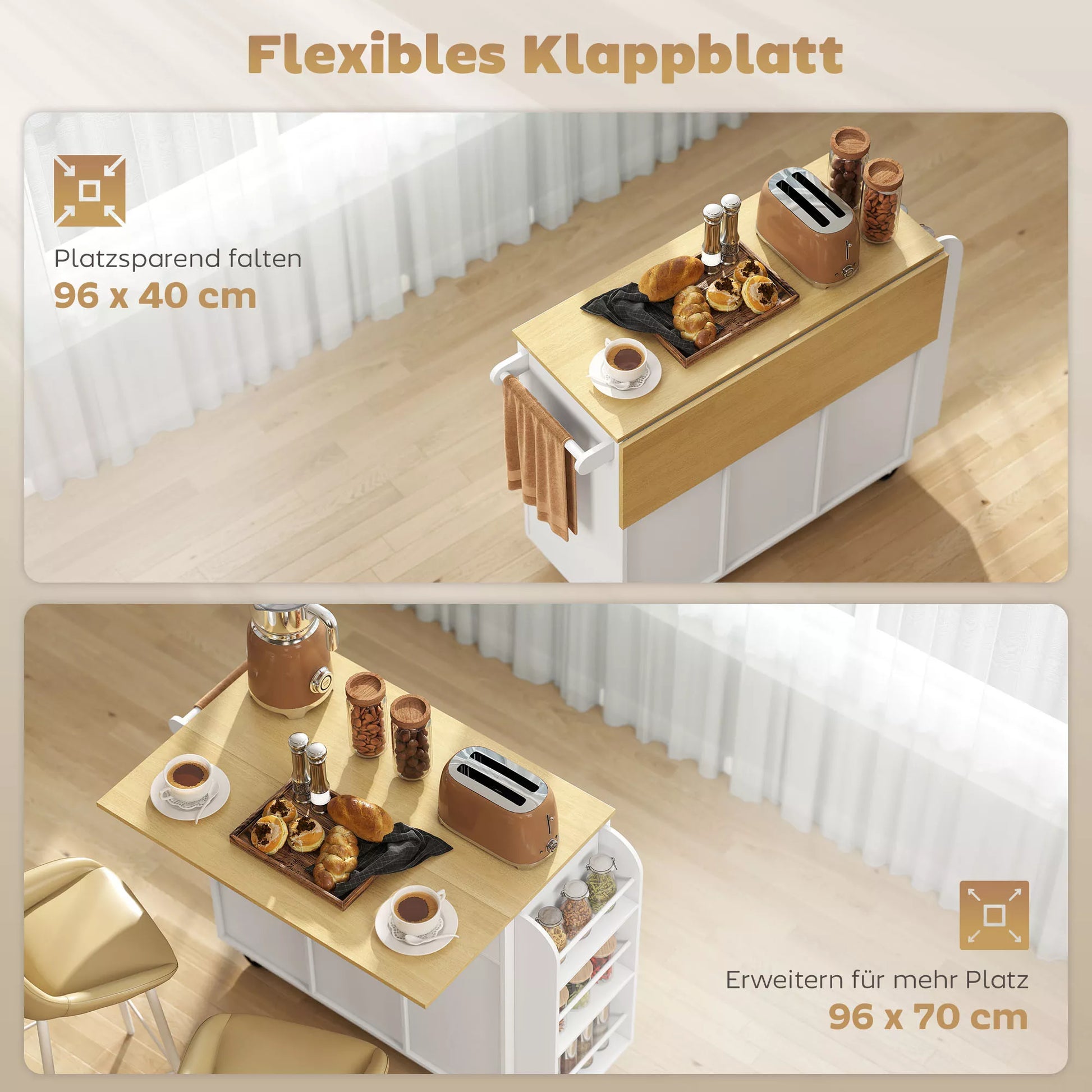 Kompaktiška virtuvės salelė su ratukais, prailginamu stalviršiu, švelniai užsidarančiomis durelėmis, stalčiais ir rankšluosčių laikikliu. Pagaminta iš baltos MDF plokštės.