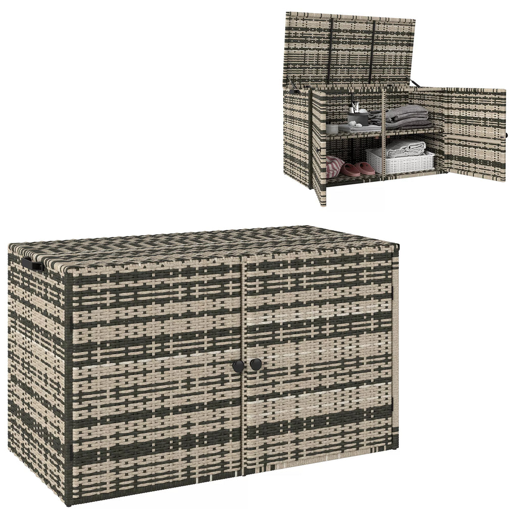 Rattan laikymo dėžė 350L 2-lygių pagalvėlių dėžė su dangčiu, kėlimo rankenomis, nešimo rankenomis 118 x 57 x 69 cm mišrios pilkos spalvos