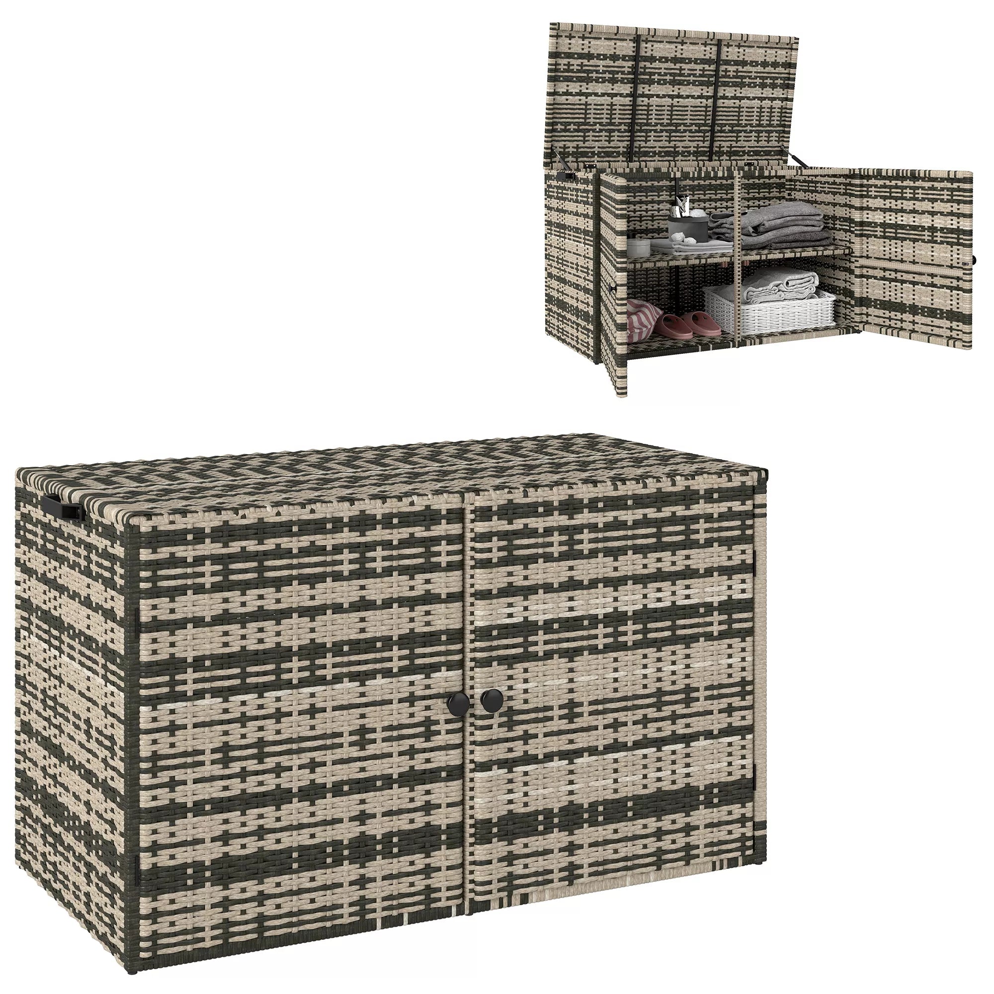 Rattan laikymo dėžė 350L 2-lygių pagalvėlių dėžė su dangčiu, kėlimo rankenomis, nešimo rankenomis 118 x 57 x 69 cm mišrios pilkos spalvos