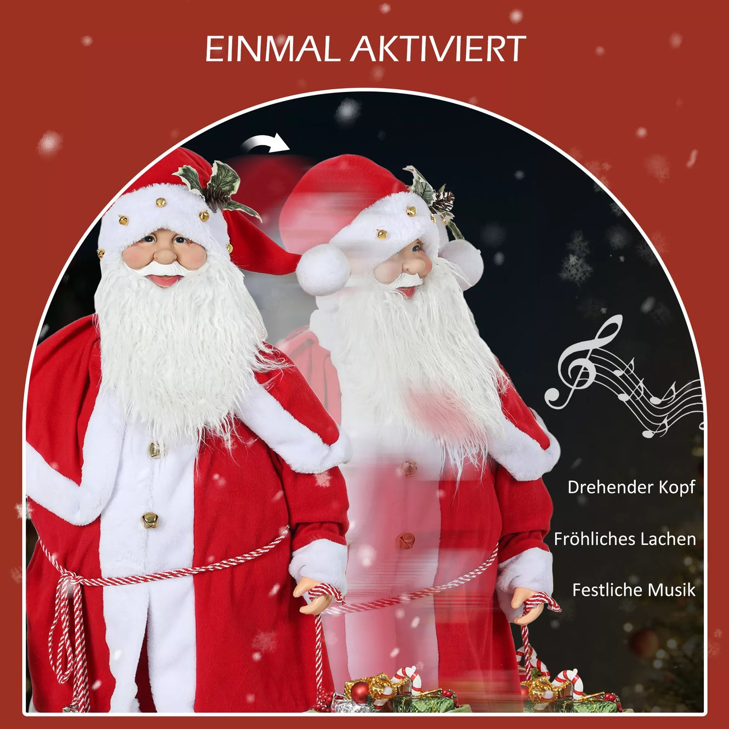 HOMCOM Kalėdų senelio figūrėlė, judanti, su garso jutikliu, juokas ir muzika, 140 cm, raudona
