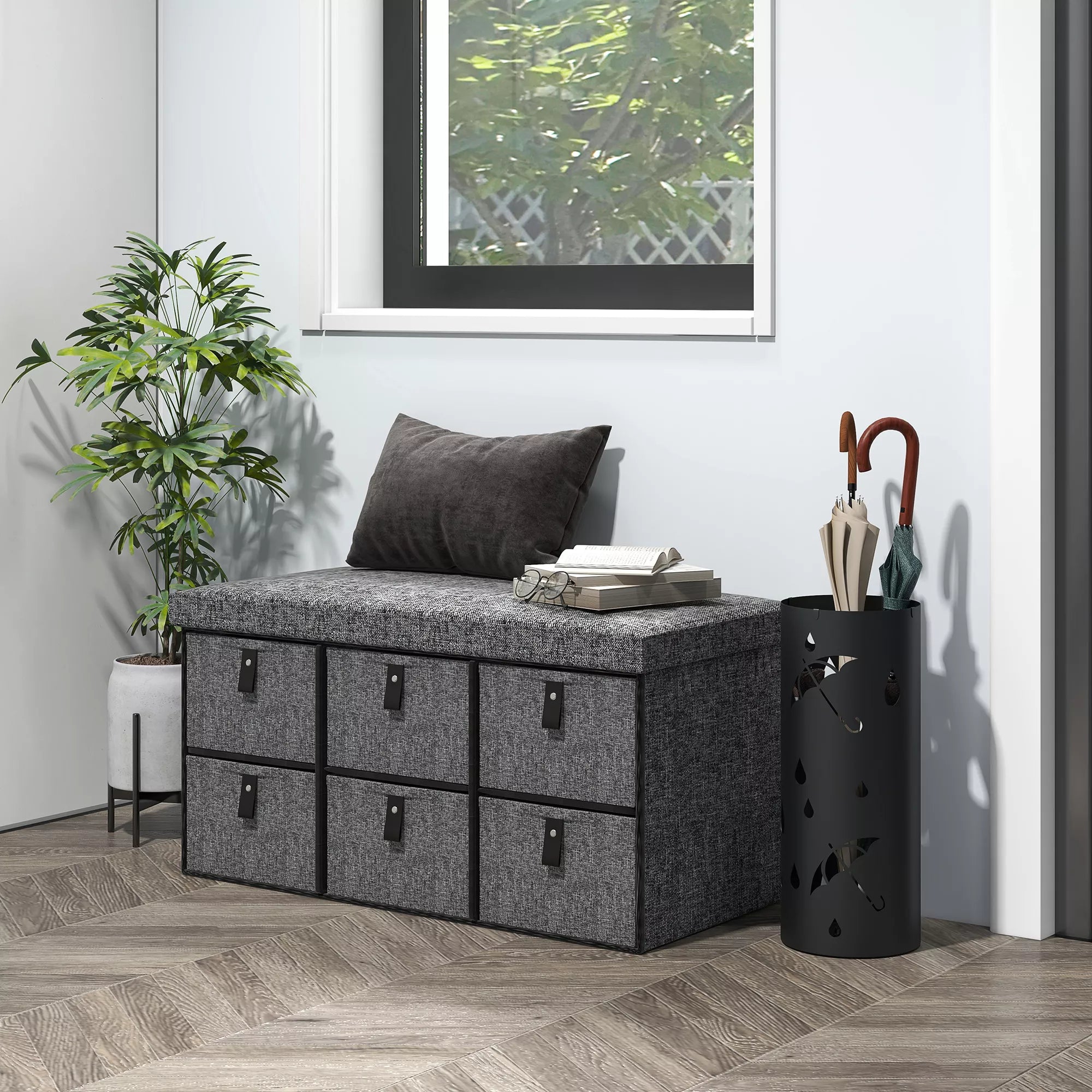 Minkšta batų dėžė, 6 batų skyriai, MDF rėmas, lino išvaizda, pilka