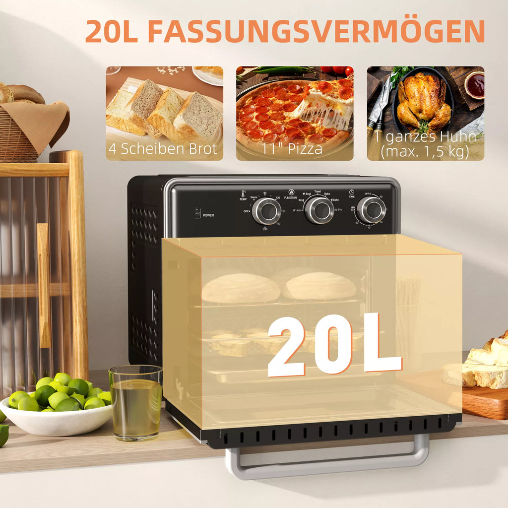 Mini orkaitė, 20 L, 5 funkcijos, 360° karštas oras, kepimo grotelės, padėklas trupiniams, juoda