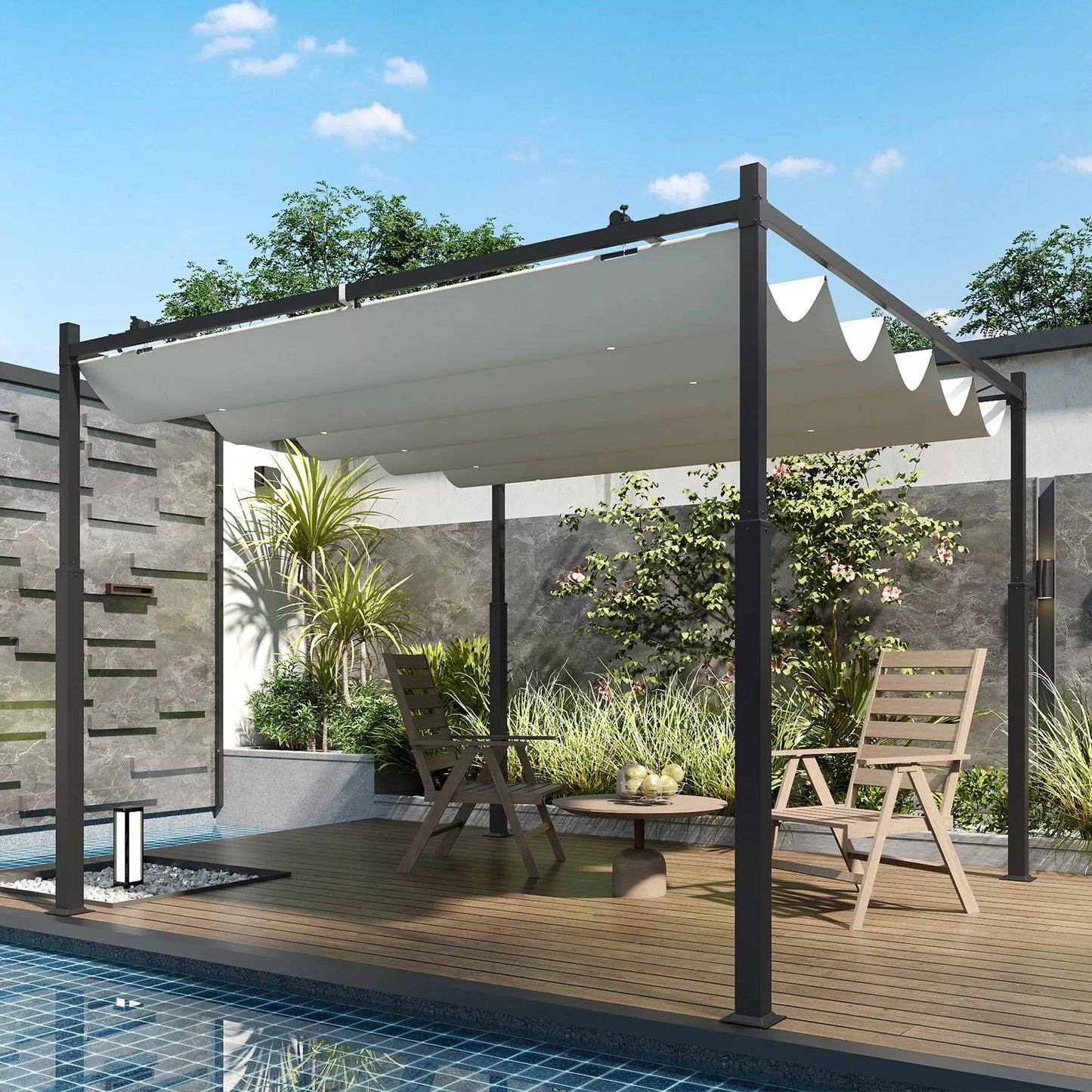 Sodo pergola, 3 x 3 m, ištraukiamas stogas ir magnetinis padas, lauko baldakimas, sodo pavėsinė, UPF30+, metalas, kreminė balta spalva