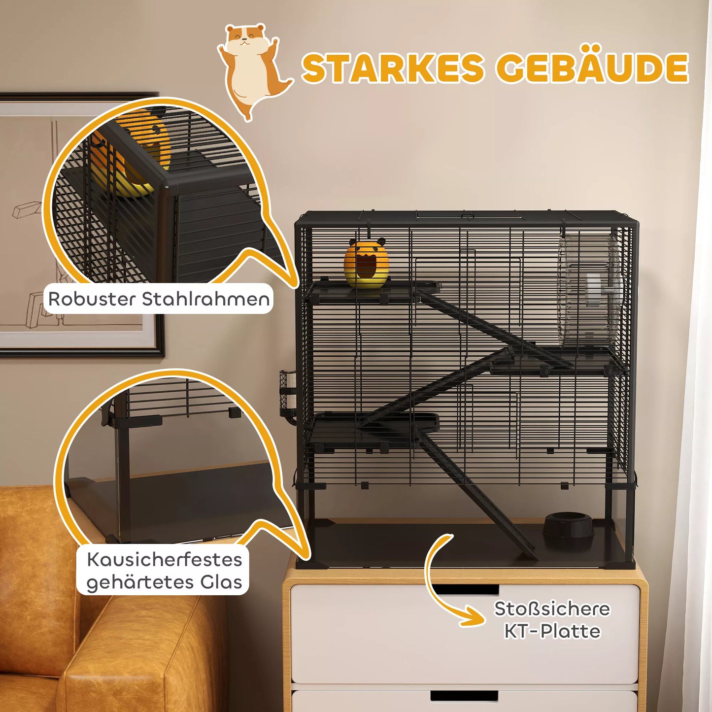 Hamsterio narvas su stikliniu dugnu, 4 pakopų žiurkėno voljeras su namelyje ir priedais, 78,5 ilgis x 48,5 plotis x 80 aukštis cm, juodas