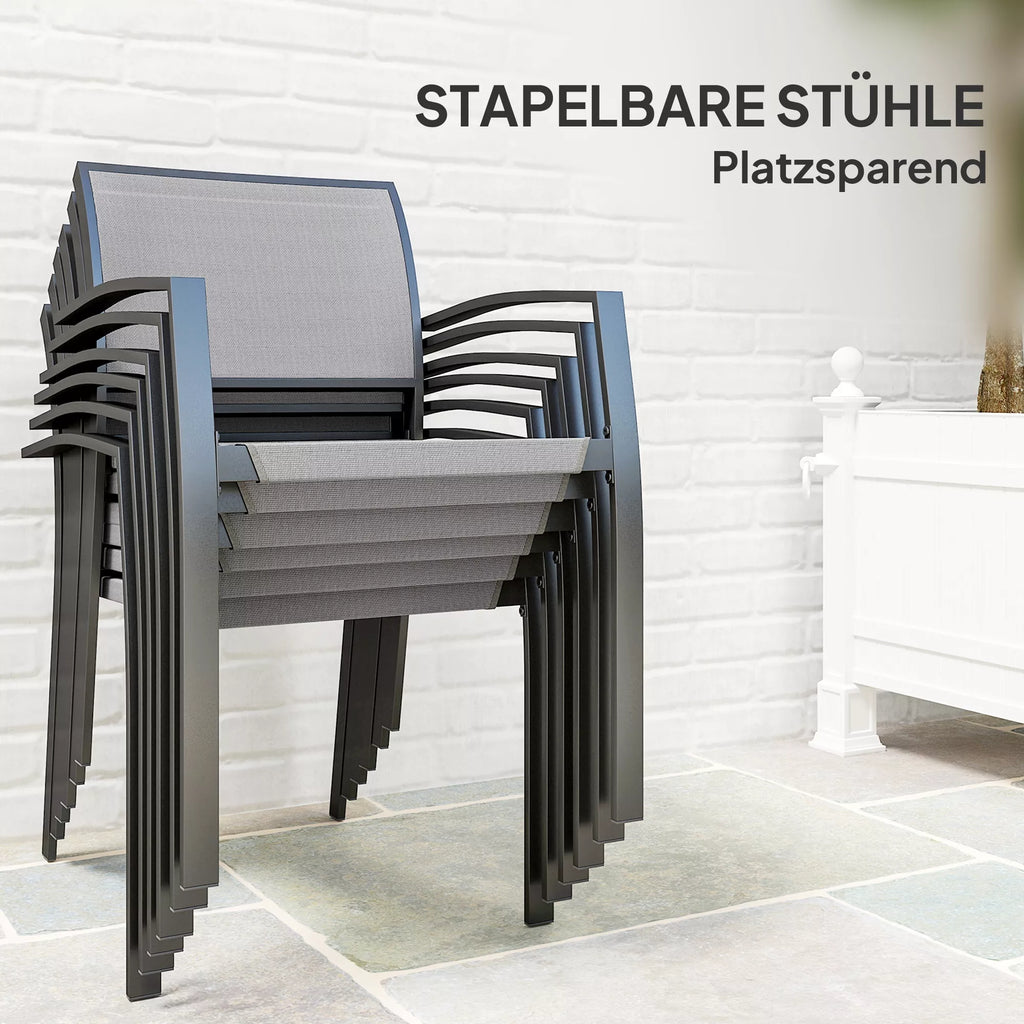7 dalių valgomojo komplektas, 6 kėdės, 1 stalas, sukraunami, lengvai valomi, plieninis rėmas, sodo baldų komplektas, pilkos spalvos