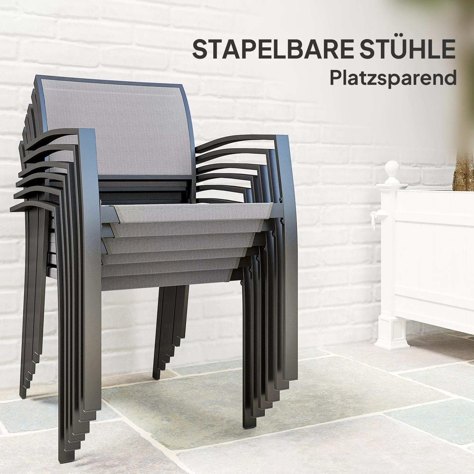 7 dalių valgomojo komplektas, 6 kėdės, 1 stalas, sukraunami, lengvai valomi, plieninis rėmas, sodo baldų komplektas, pilkos spalvos