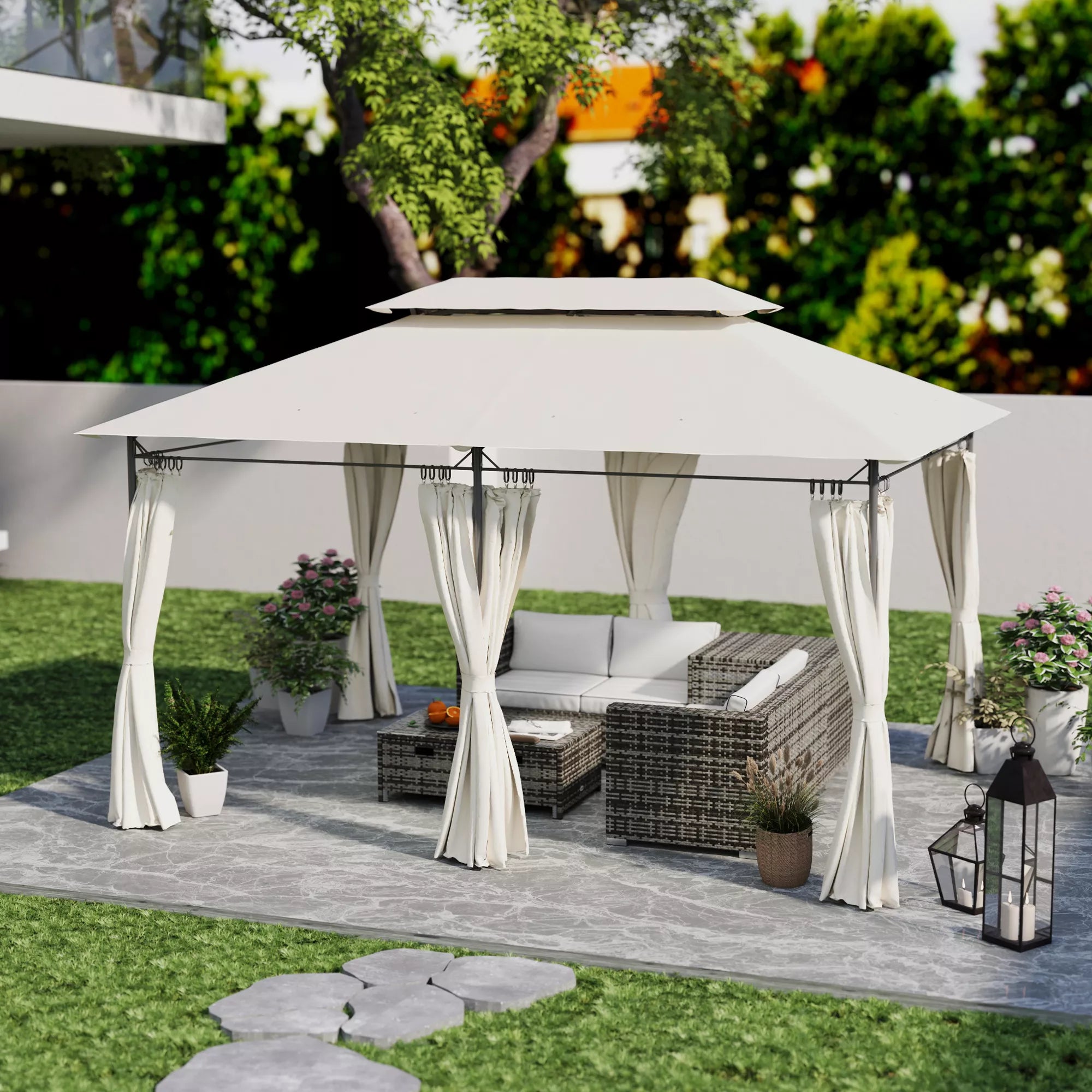 Sodo paviljonas, pavėsinė su 6 šoninėmis sienelėmis ir dvigubu stogu komplektas, plienas ir poliesteris, 4x3 m, kreminė balta