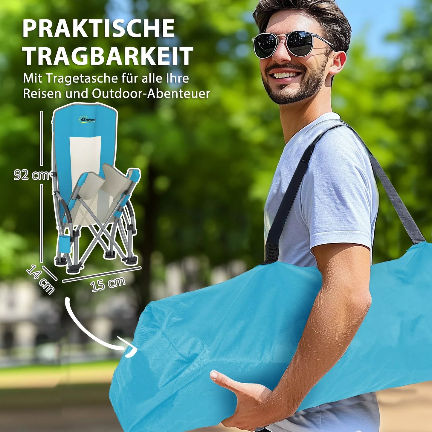 2 vnt. sulankstomų kempingo kėdžių rinkinys Kempingo kėdė su gėrimų laikikliu Tinklinis atlošas iki 120 kg Mėlyna