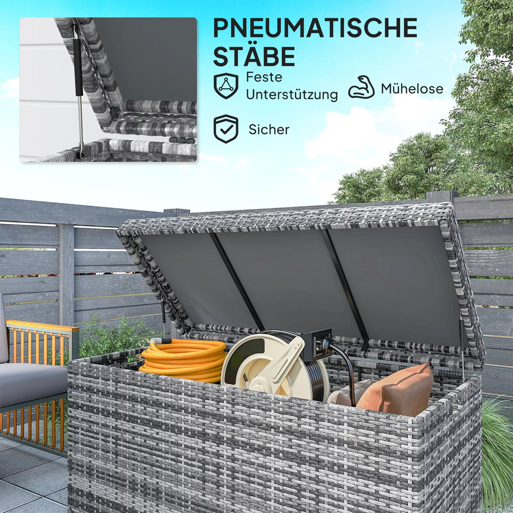 Rattan Auflagenbox 380L atsparus atmosferos poveikiui pagalvės dėžė su dangčiu Sandėliavimo erdvė Atsparus UV spinduliams 130 x 61 x 65 cm Tamsiai pilka
