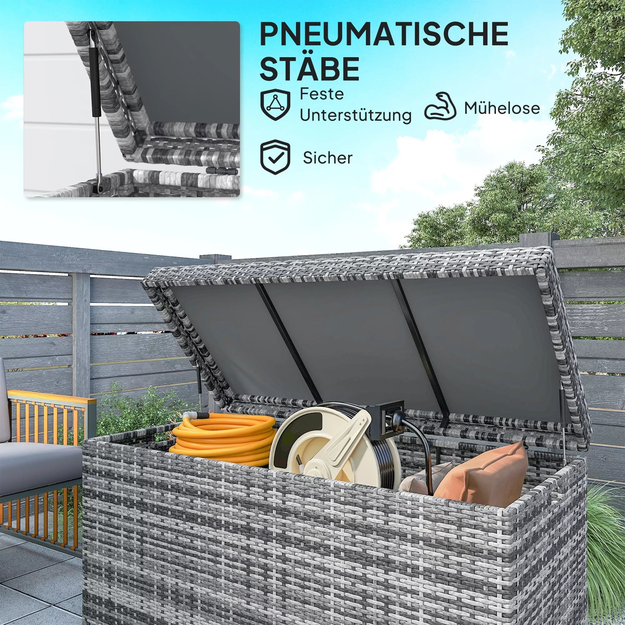 Rattan Auflagenbox 380L atsparus atmosferos poveikiui pagalvės dėžė su dangčiu Sandėliavimo erdvė Atsparus UV spinduliams 130 x 61 x 65 cm Tamsiai pilka