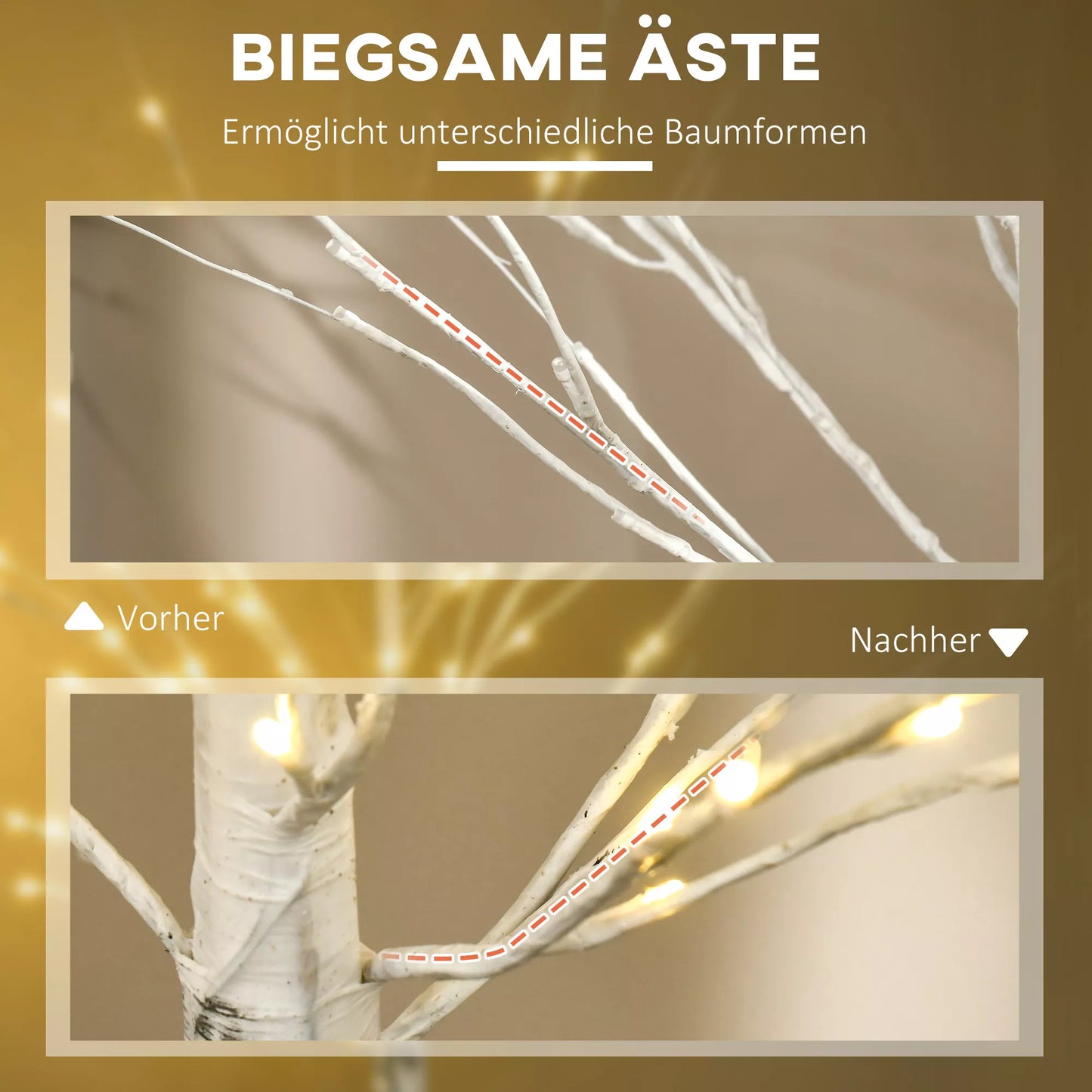 Dirbtinė beržo imitacija su LED lemputėmis, lanksčios šakos, plastikas ir metalas, 150 cm, balta