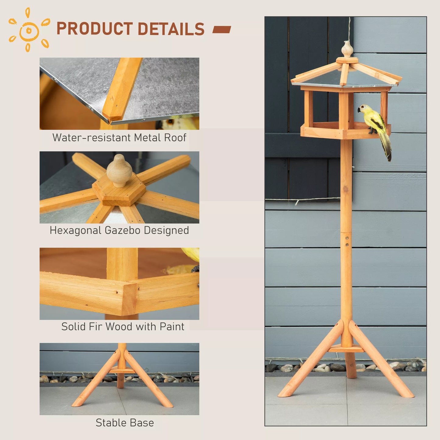 PawHut Paukščių namelis su stovu, atsparus oro sąlygoms, medinė lesykla su atspariu cinko stogeliu laukiniams paukščiams, 40 x 40 x 113 cm, Geltonas PawHut