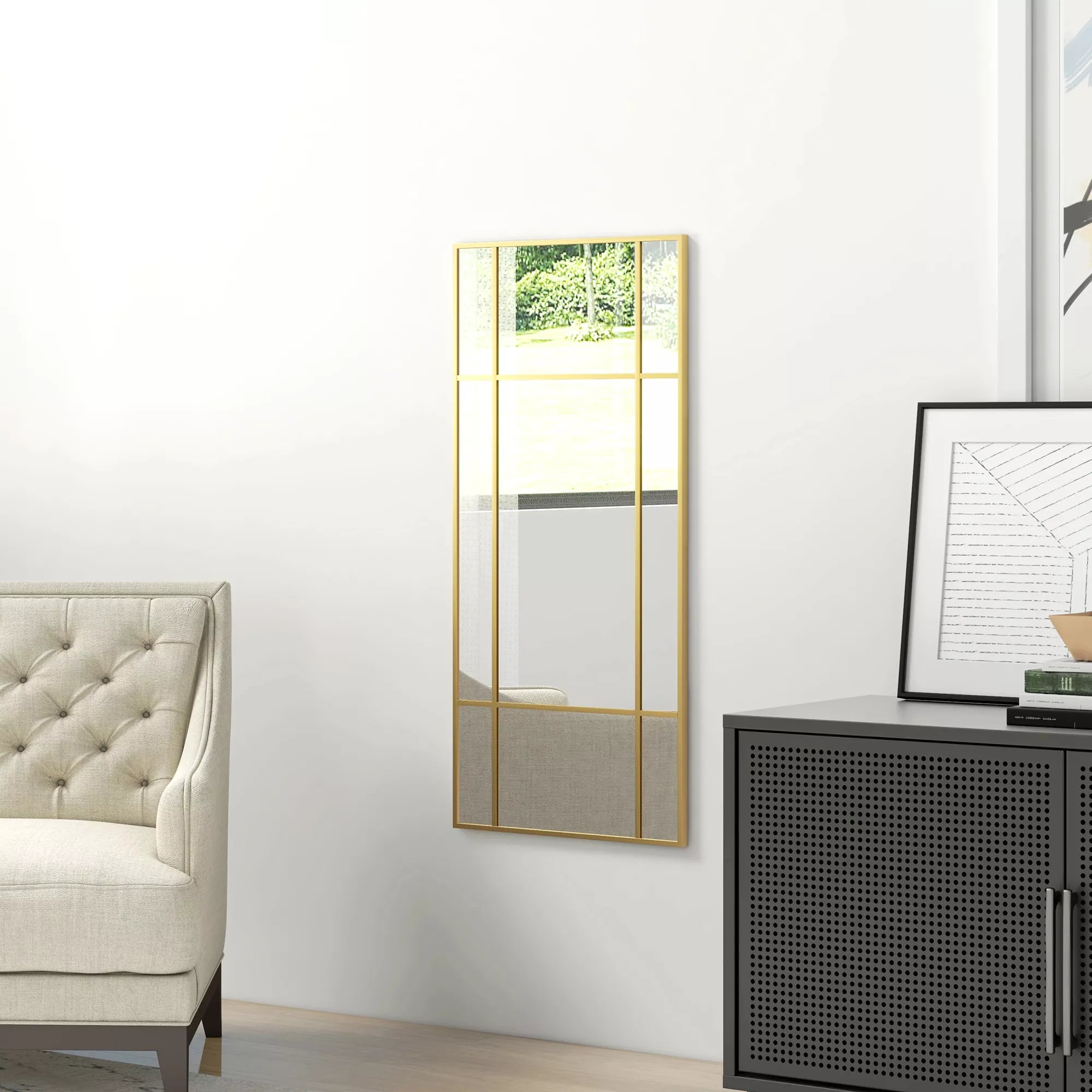 Sieninis veidrodis, dekoratyvinis veidrodis su metaliniu rėmu, auksinės spalvos juostelės, daugiasluoksnis stiklas, 110B x 2T x 50H cm