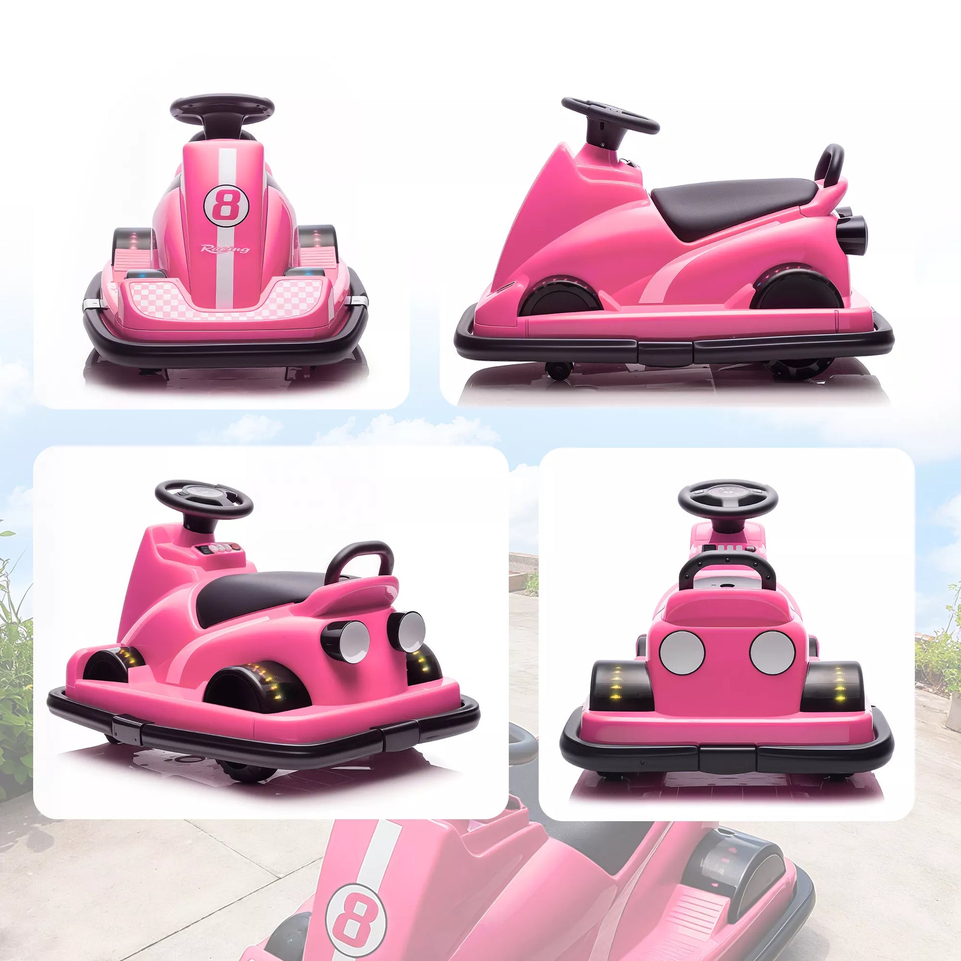 Vaikams skirtas automobiliukas, pasukamas 360 laipsnių kampu, vairas, LED lemputės, muzikos funkcija, 3–8 metai, rožinis