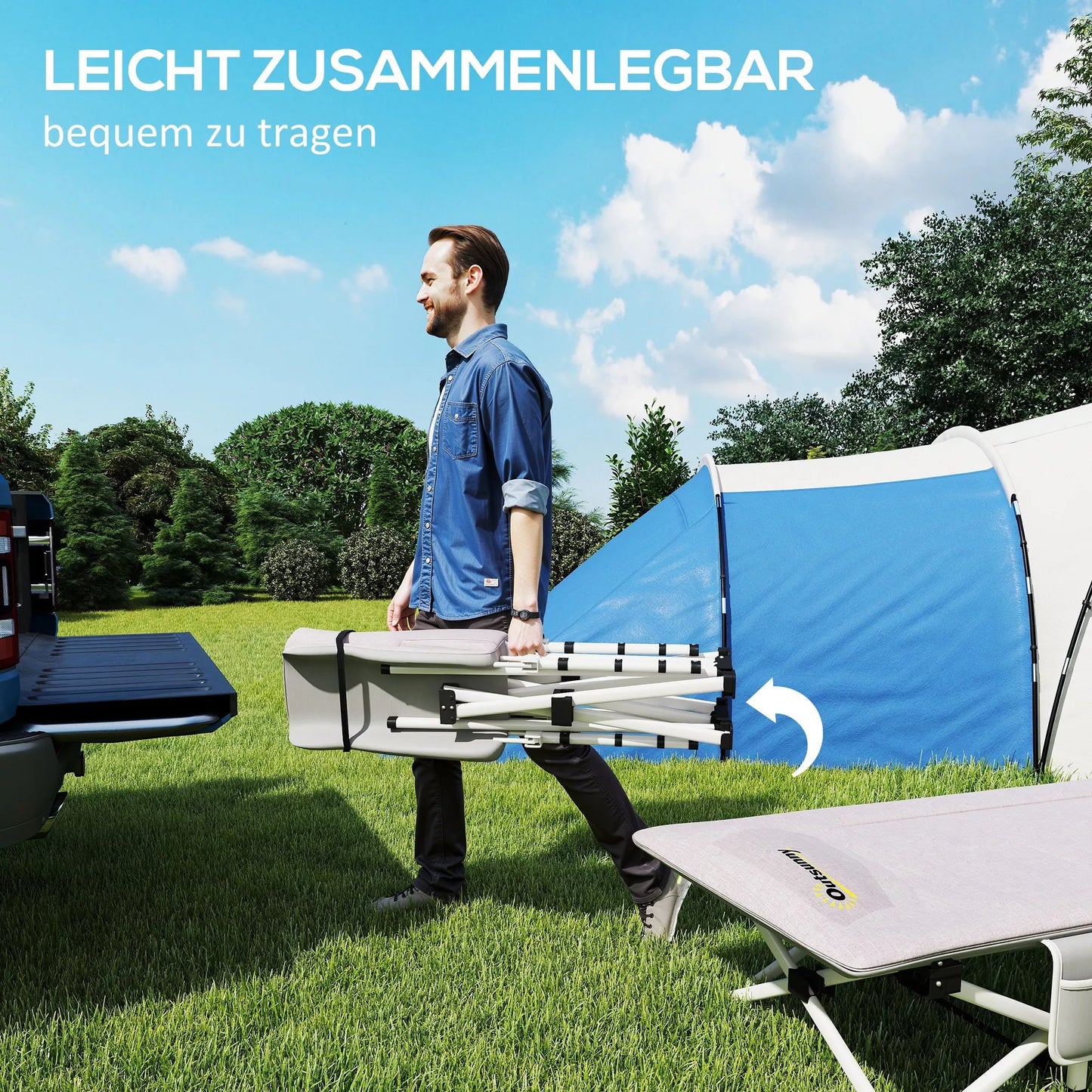 Sulankstoma kempingo lova, minkšta, iki 200 kg, nerūdijančio plieno rėmas, 200x65x42cm, pilka