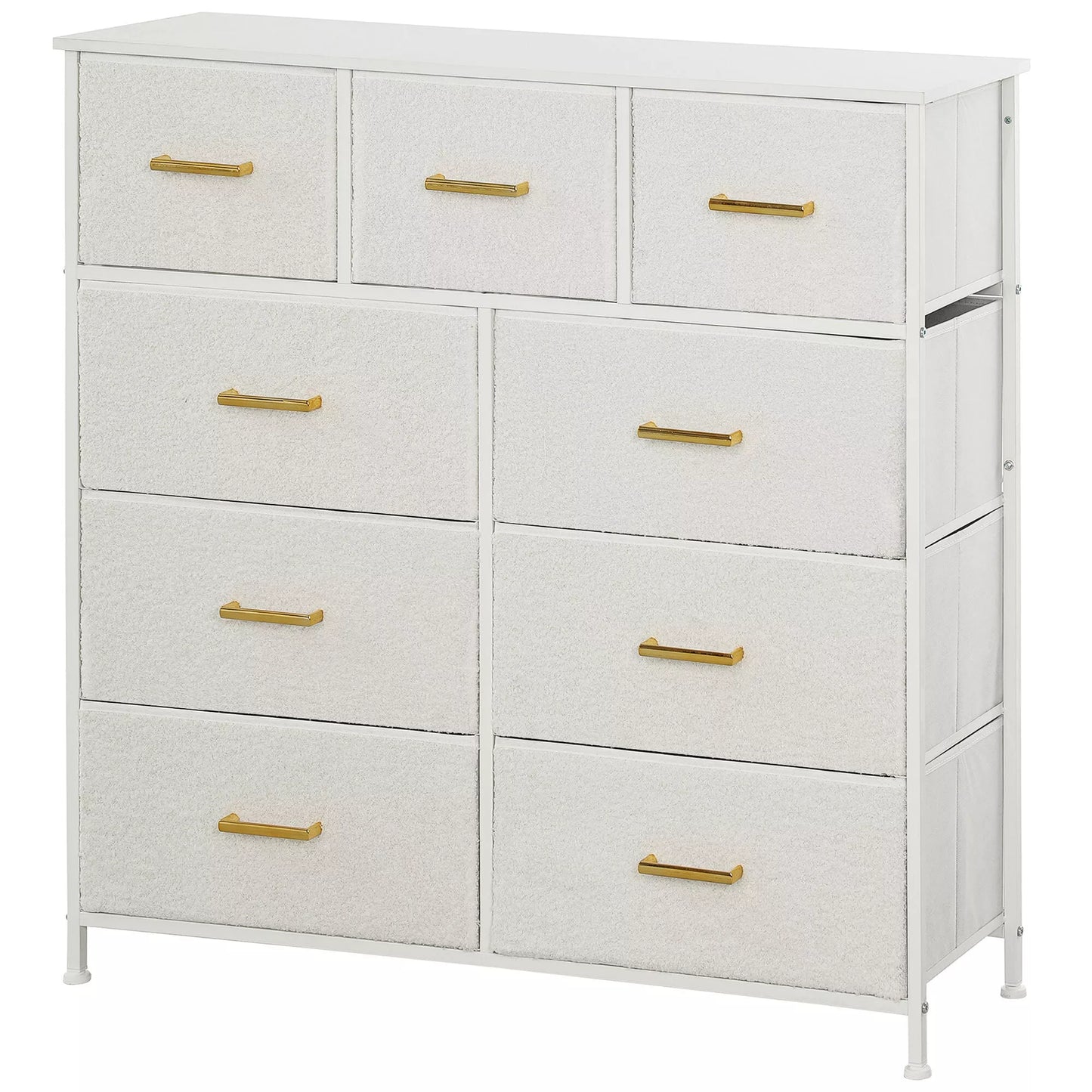 Medinė komoda, 9 stalčiai, plieninis rėmas, elegantiška, universali, balta