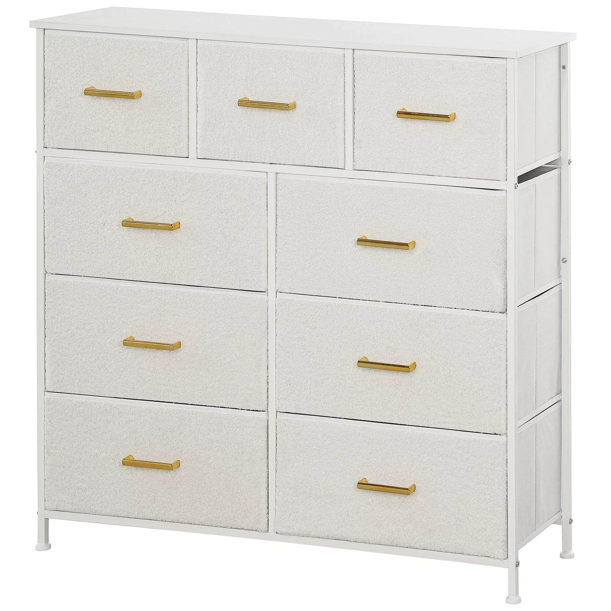 Medinė komoda, 9 stalčiai, plieninis rėmas, elegantiška, universali, balta