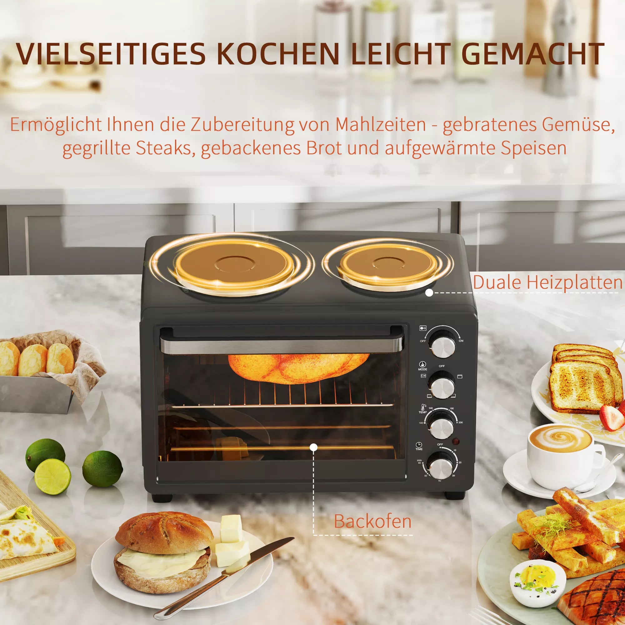 Mini orkaitė su kaitlentėmis 28 l, 2600 W, juoda