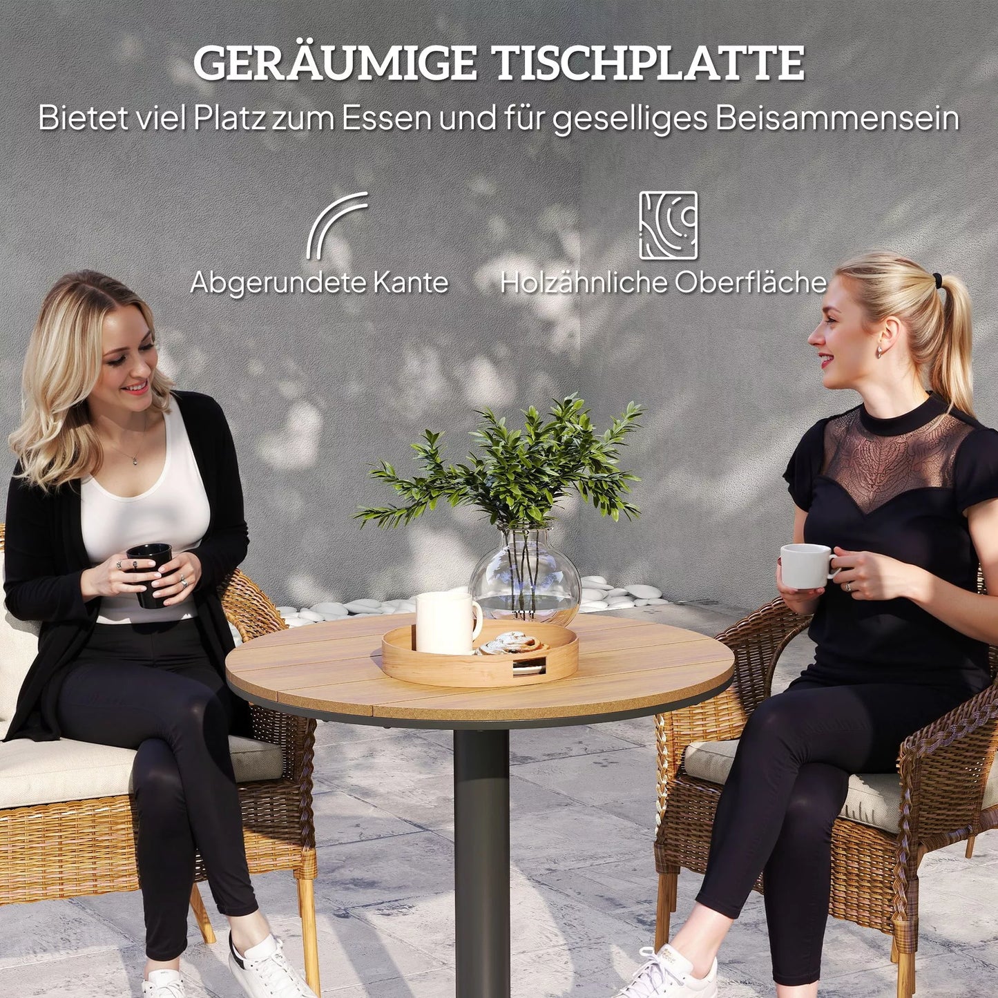 Sodo stalas Ø70 cm, atsparus atmosferos poveikiui Apvalus balkono stalas su lamelių dizainu, plienas Ø70 x 74H cm Natūralus medis