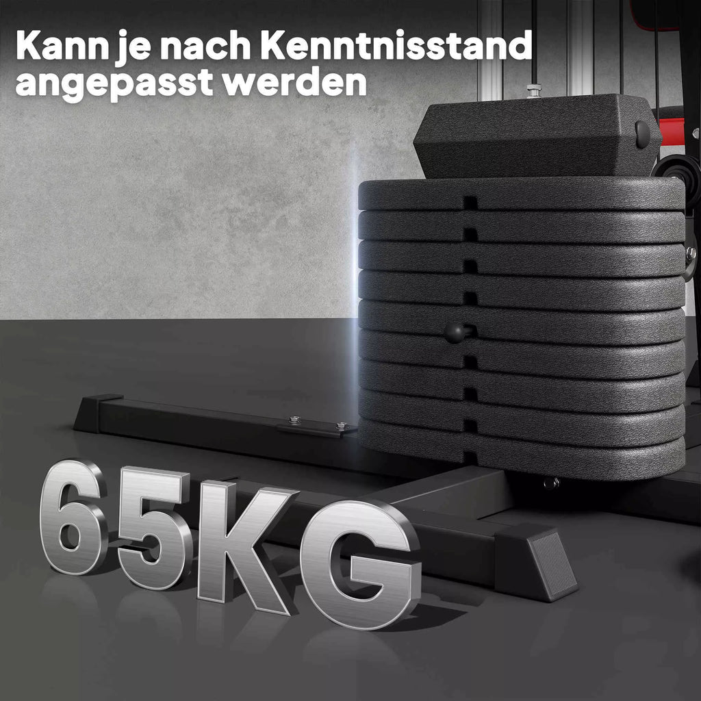 Daugiafunkcinė treniruoklių stotis su 65 kg svorio bloku, reguliuojama, namų treniruotėms, plienas, dirbtinė oda