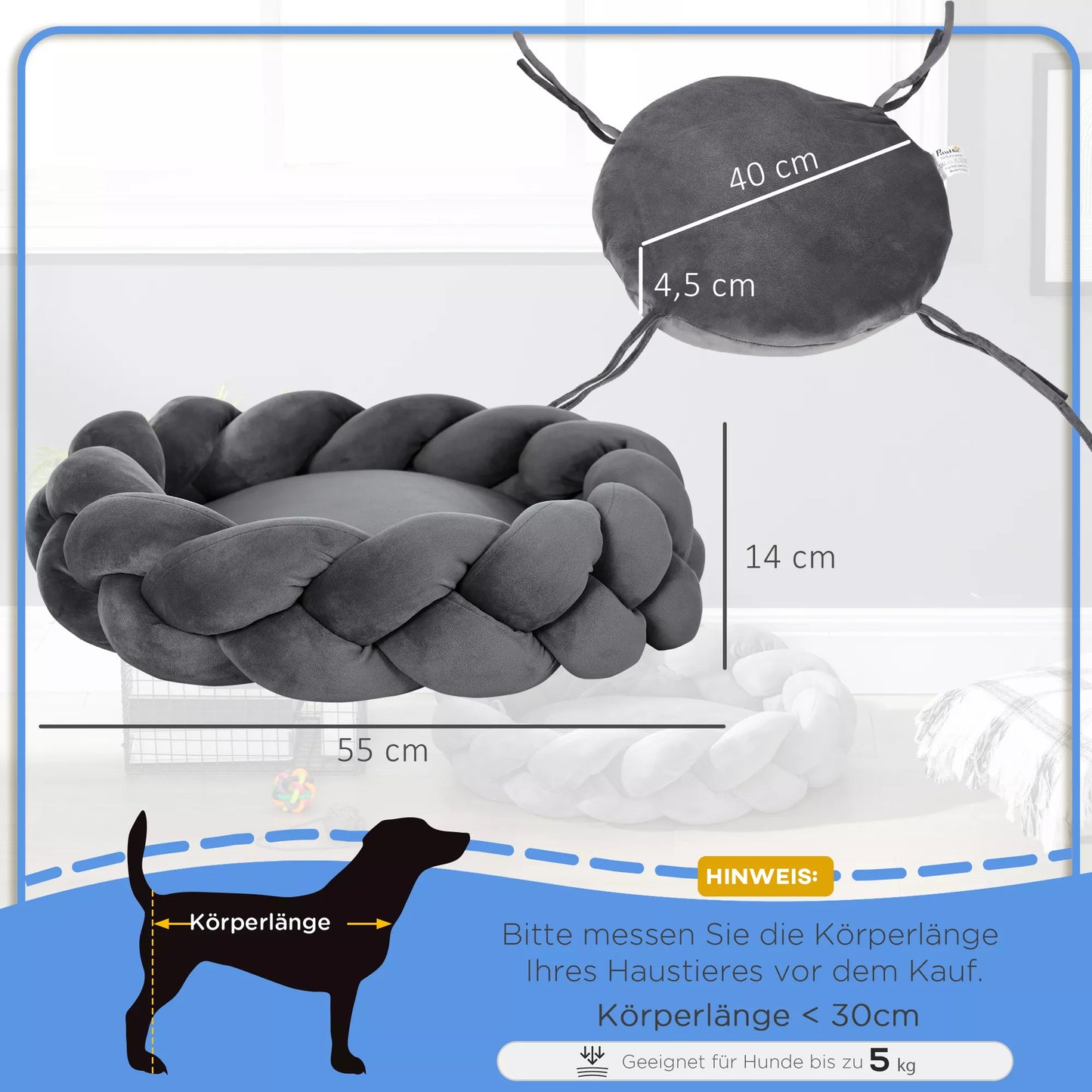 Naminių gyvūnėlių lova su pagalvėle, katės lova, šuns guolis, skalbiama, 55 cm x 55 cm x 14 cm, Pilka