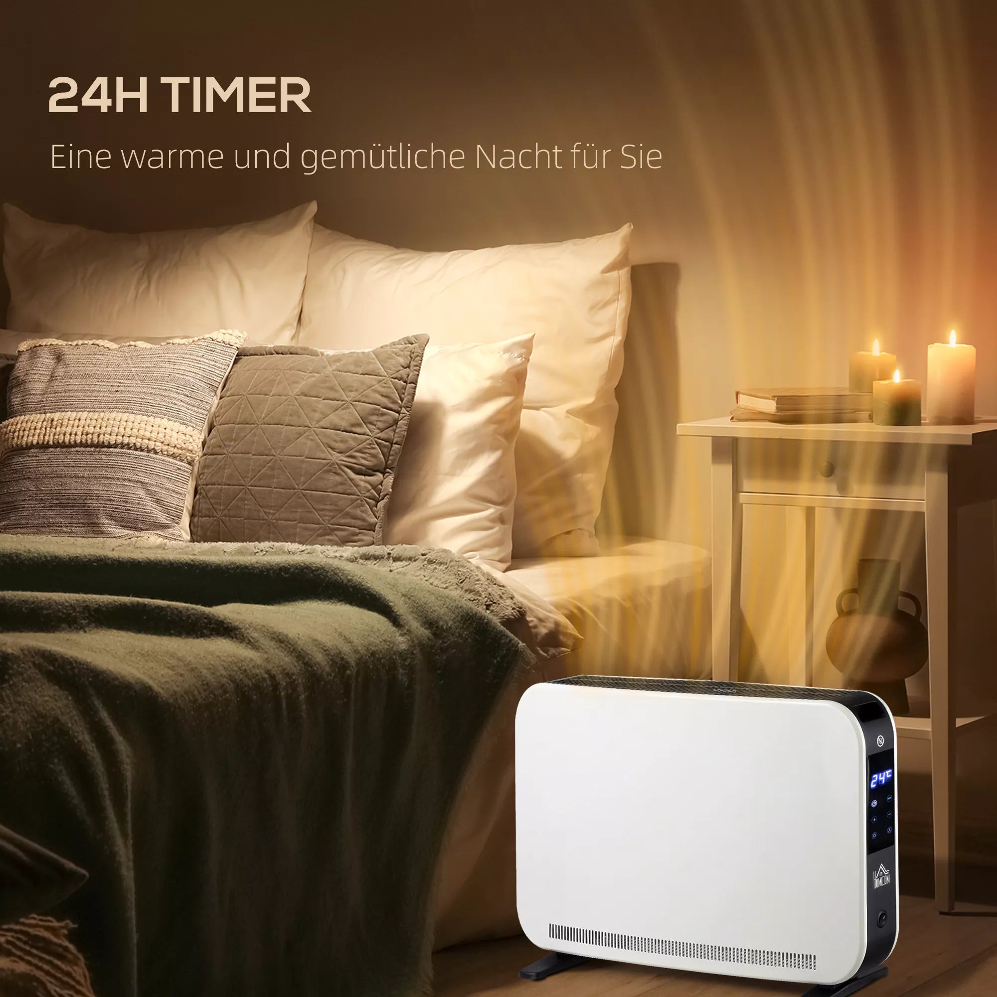 Elektrinis 2000W ventiliatorinis šildytuvas su 3 šildymo režimais, LED ekranu, 24 valandų laikmačiu ir reguliuojama temperatūra, skirtas 18 m² plotui.