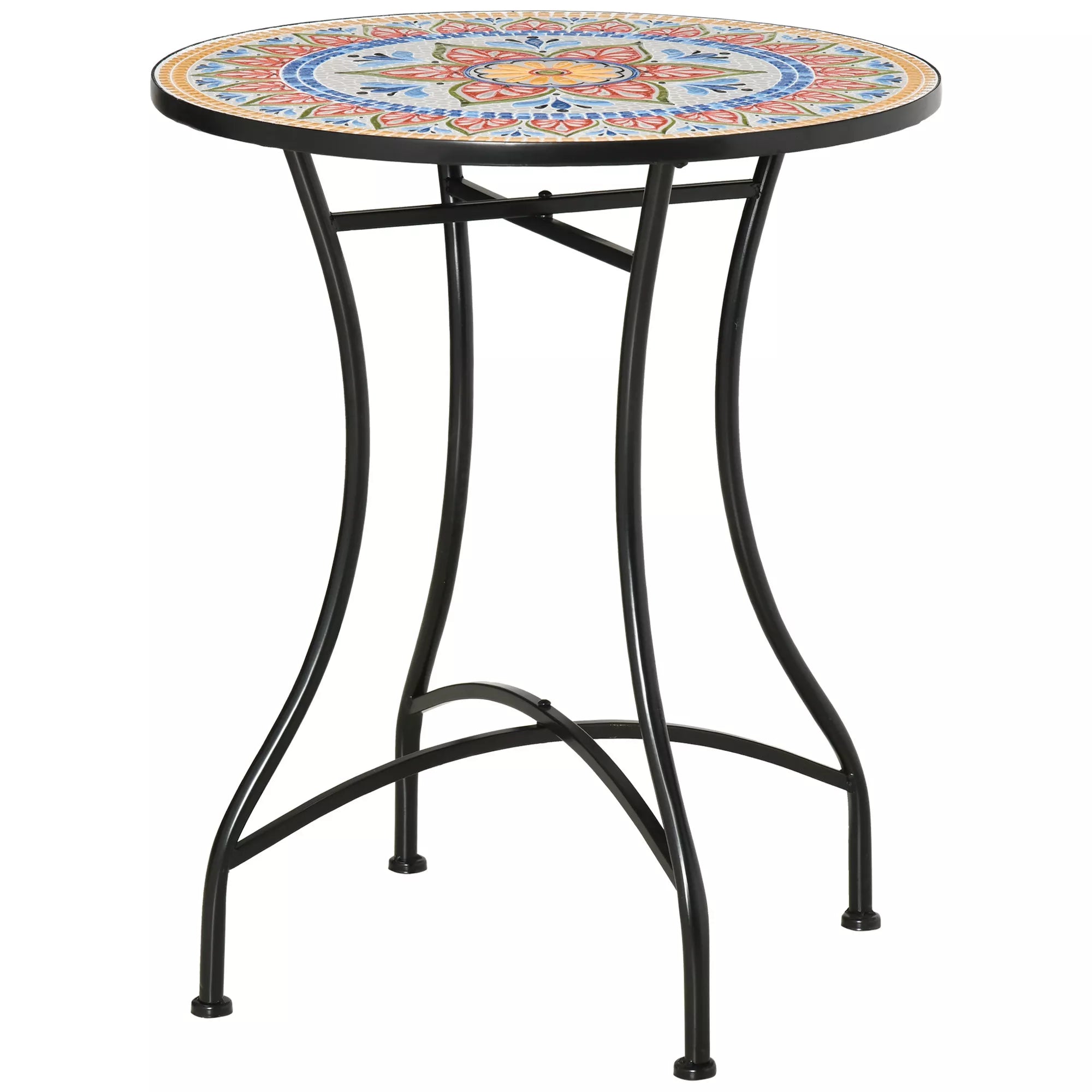 Sodo stalas Ø60 cm, atsparus atmosferos poveikiui metalinis balkono stalas, lauko valgomojo stalas, kempingo stalas, pagalbinis stalas, apvalus terasos stalas sodui, terasai, balkonui, raudonas + mėlynas + baltas